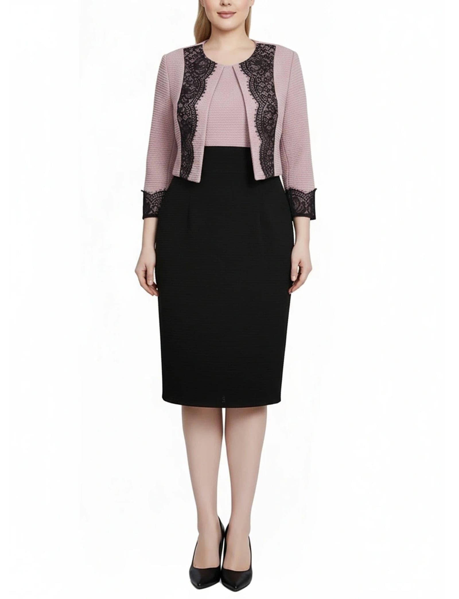 Lace-Detail Two Piece Textured Knit Dress Set