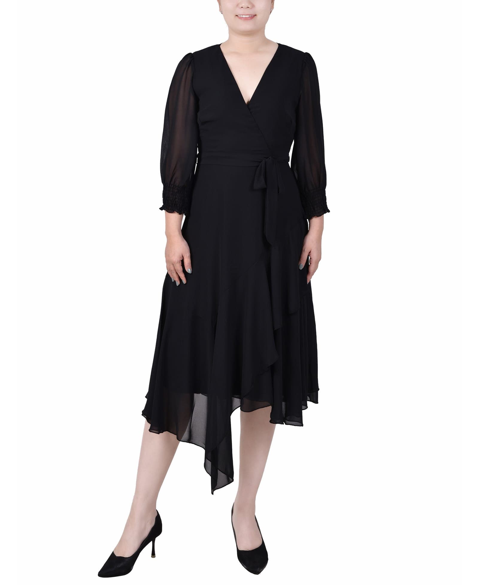 3/4 Sleeve Belted Chiffon Handkerchief Hem Dress