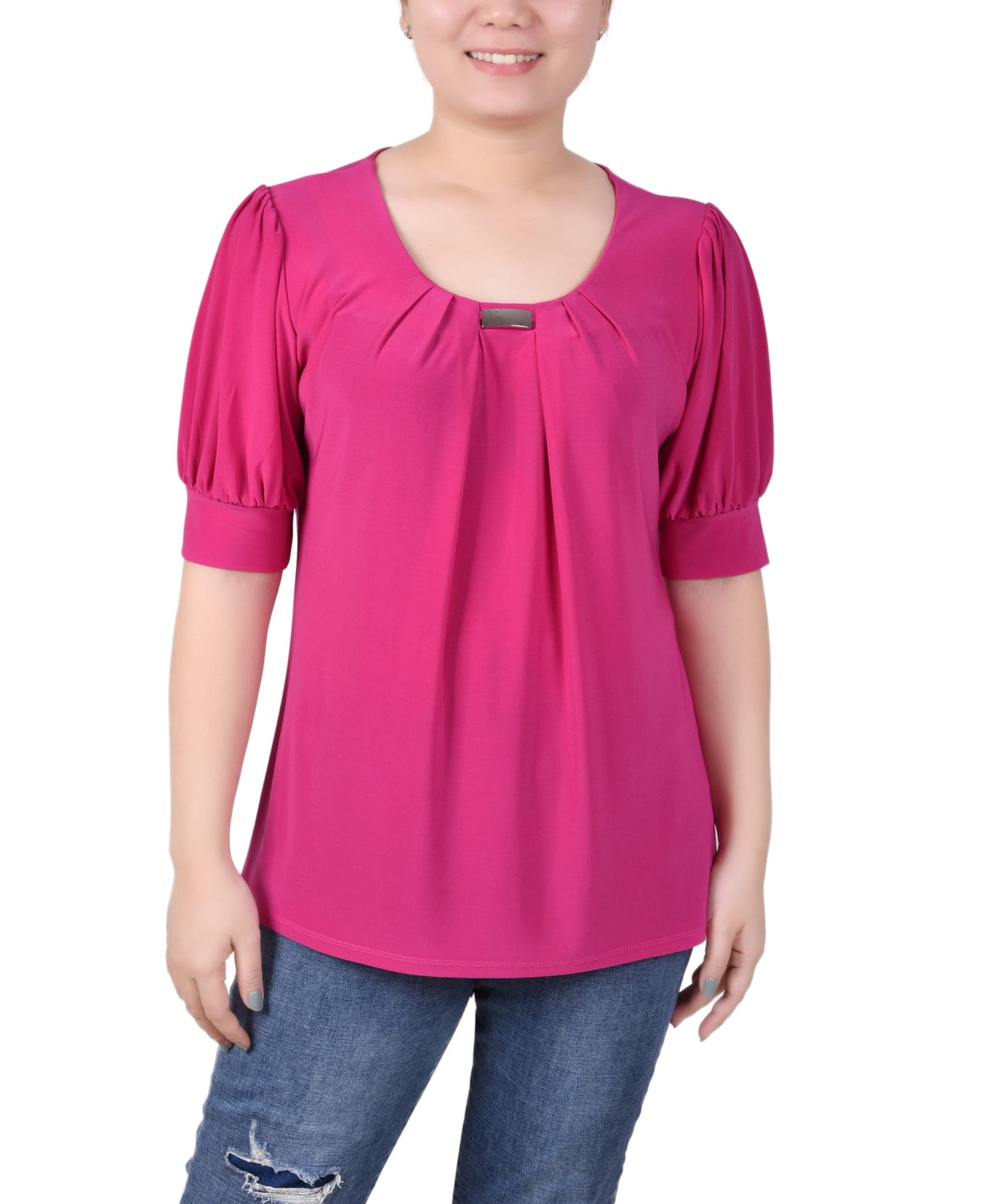 Short Sleeve Balloon Sleeve Top with Hardware