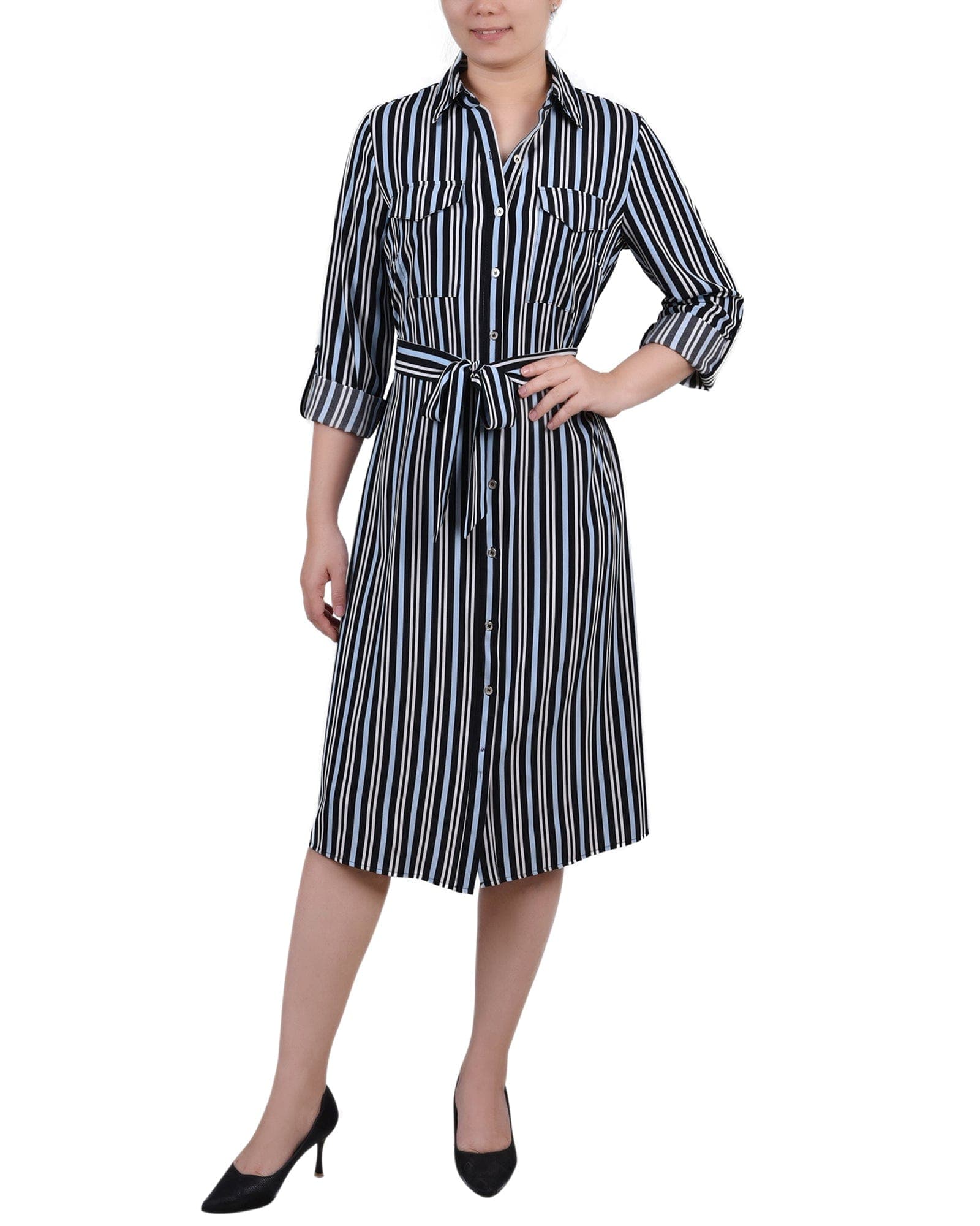 Petite 3/4 Roll Tab Sleeve Belted Shirtdress