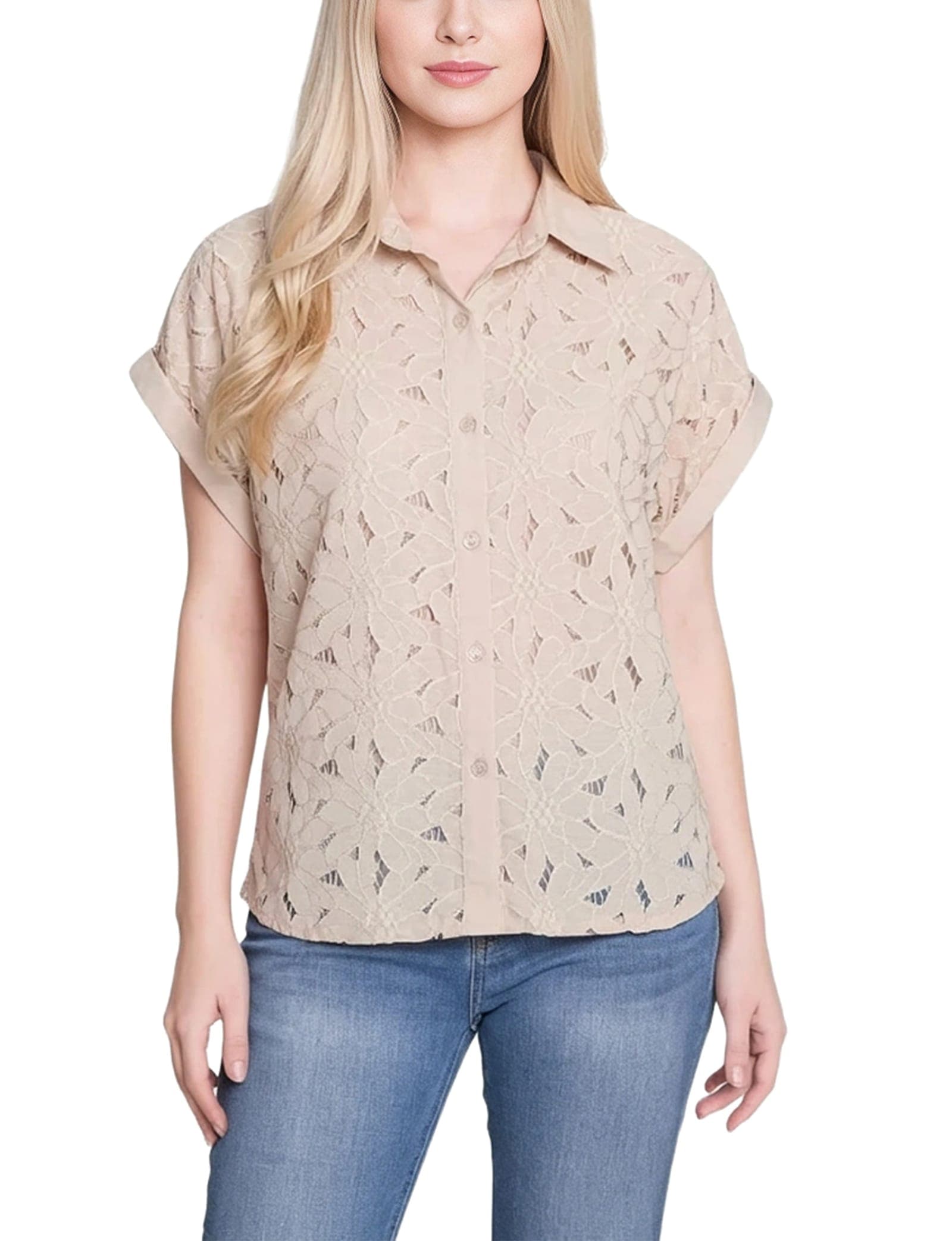 Petite Short Sleeve Eyelet Blouse