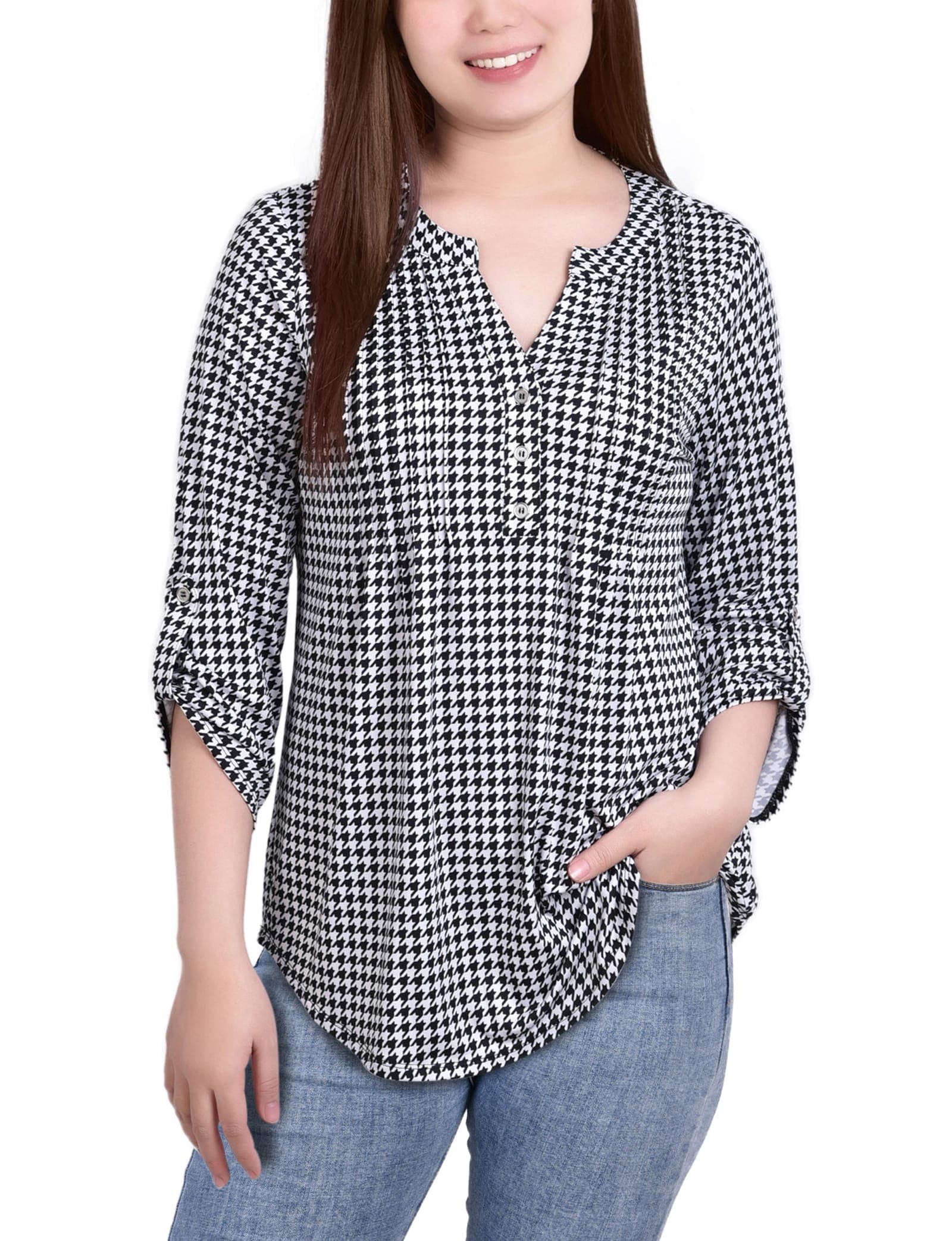 Petite Knit Jacquard 3/4 Sleeve Roll Tab Top