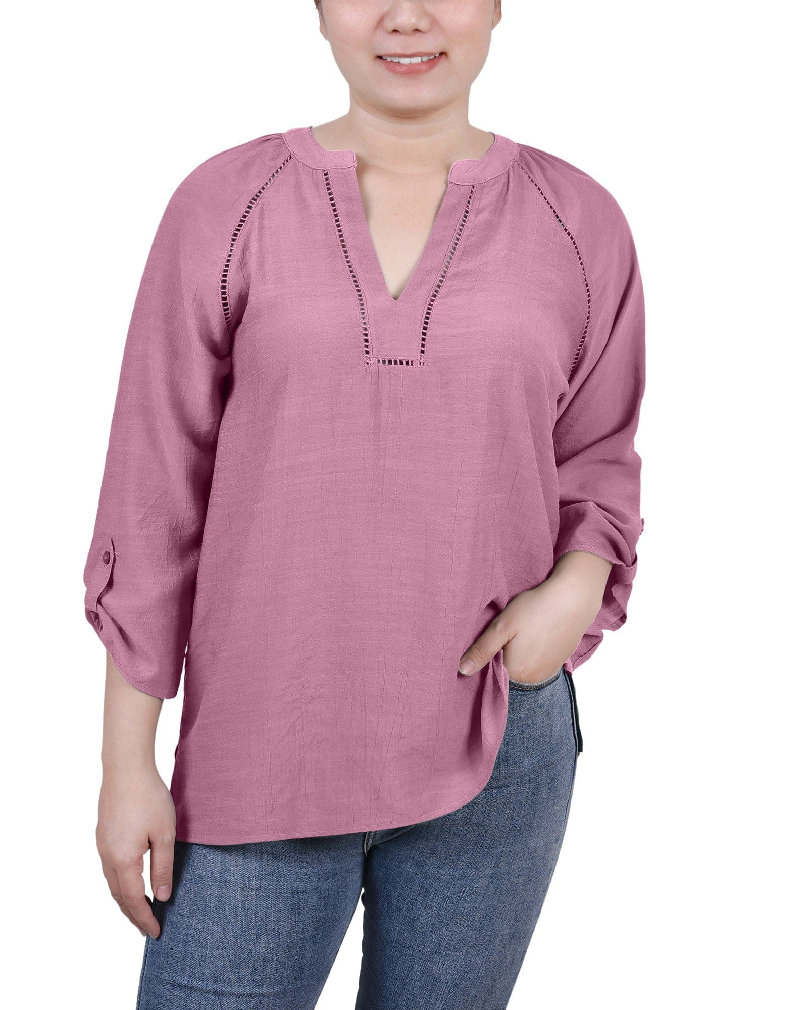Petite Raglan Sleeve Split-Neck Blouse