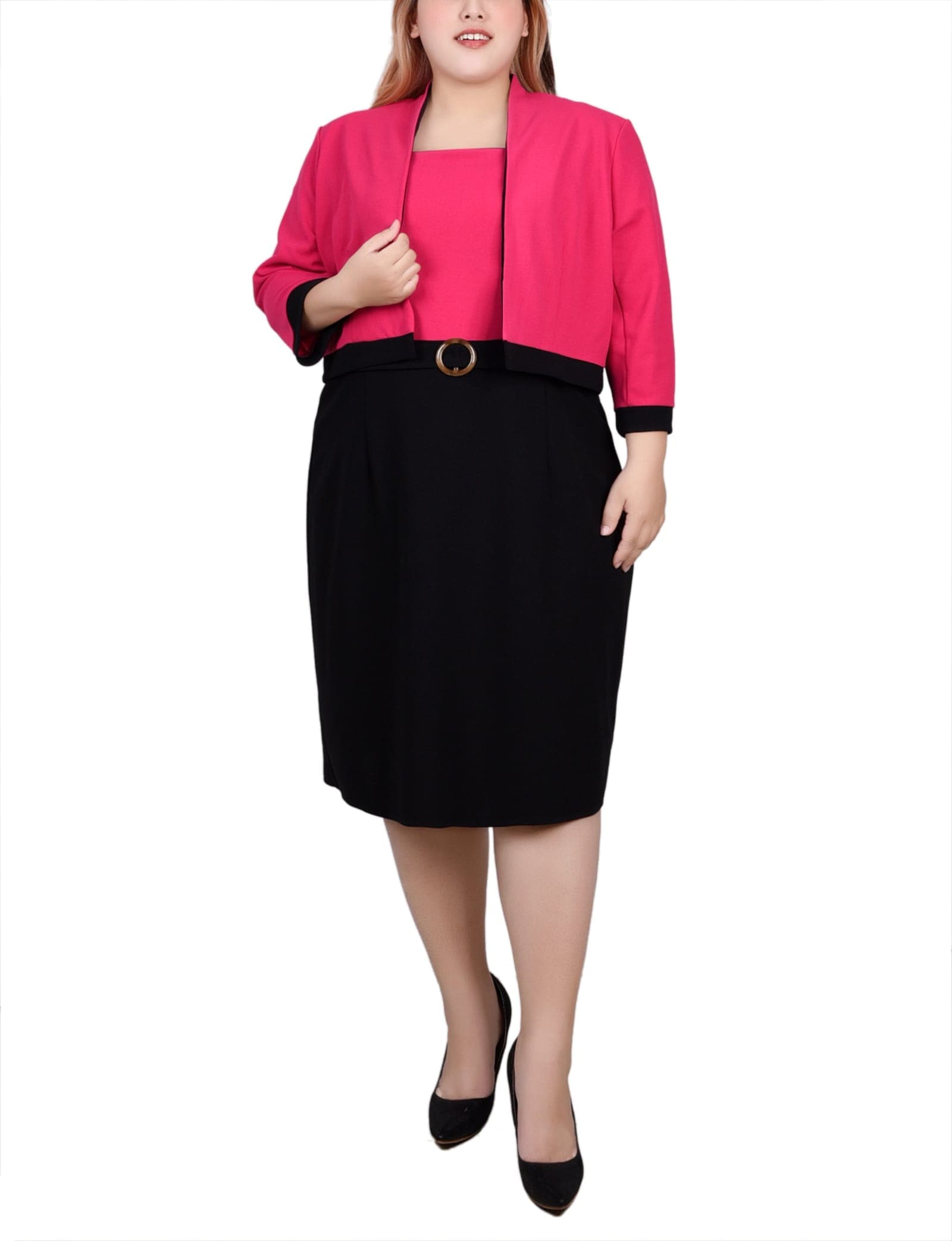 Plus Size 3/4 Sleeve 2 Piece Colorblocked Dress Set