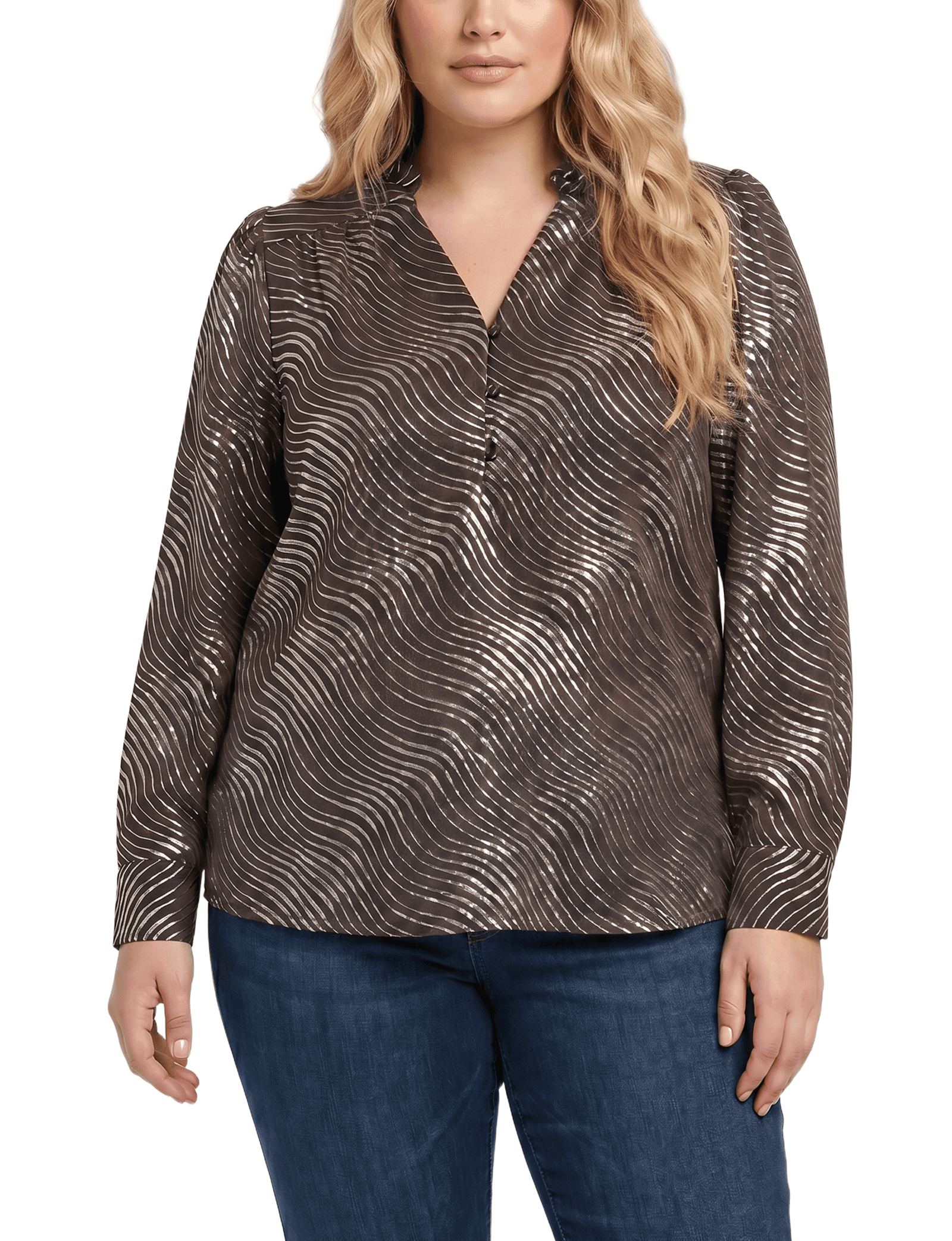 Plus Size Long Sleeve V-Neck Blouse with Metallic Print