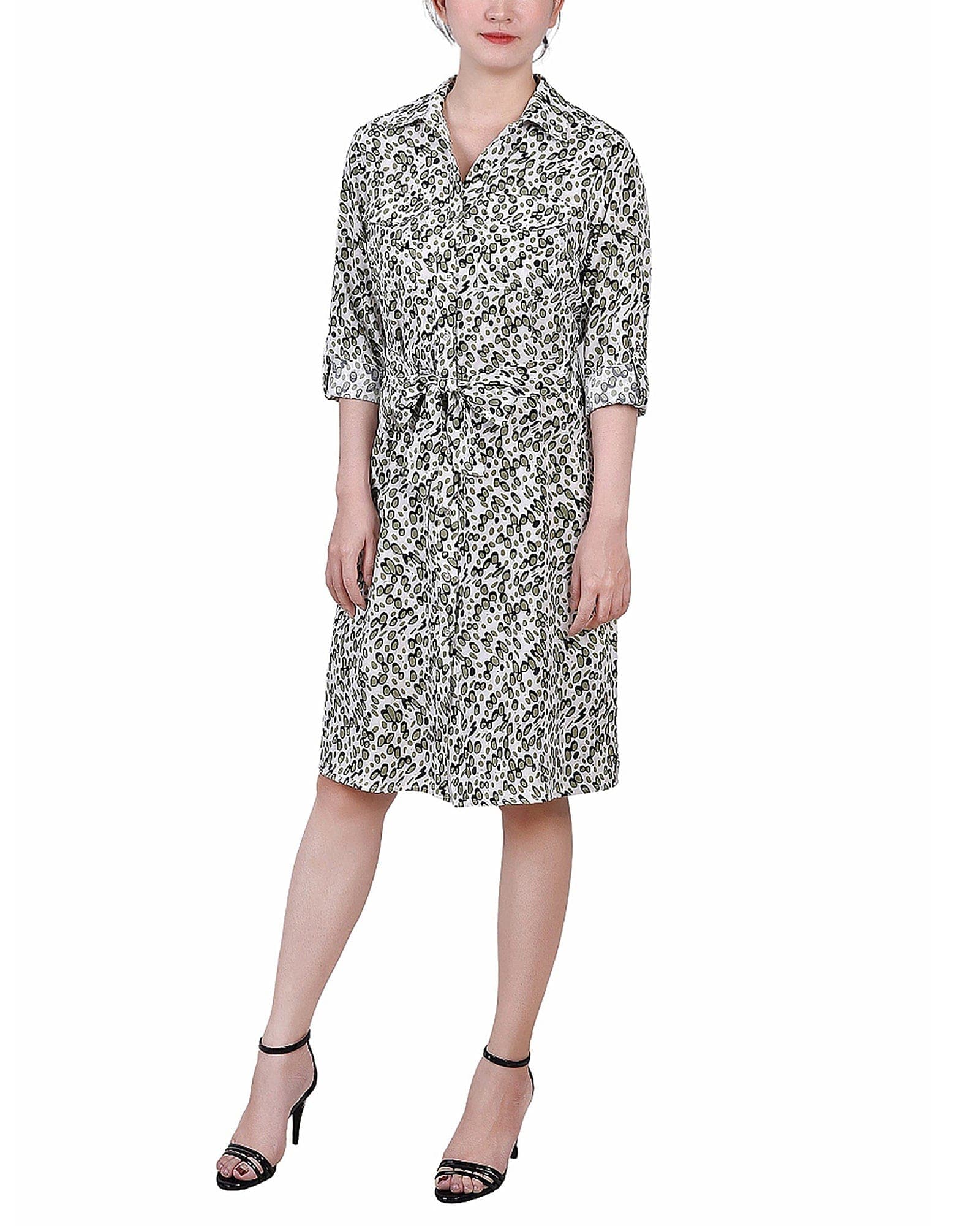 Petite 3/4 Roll Tab Sleeve Belted Shirtdress