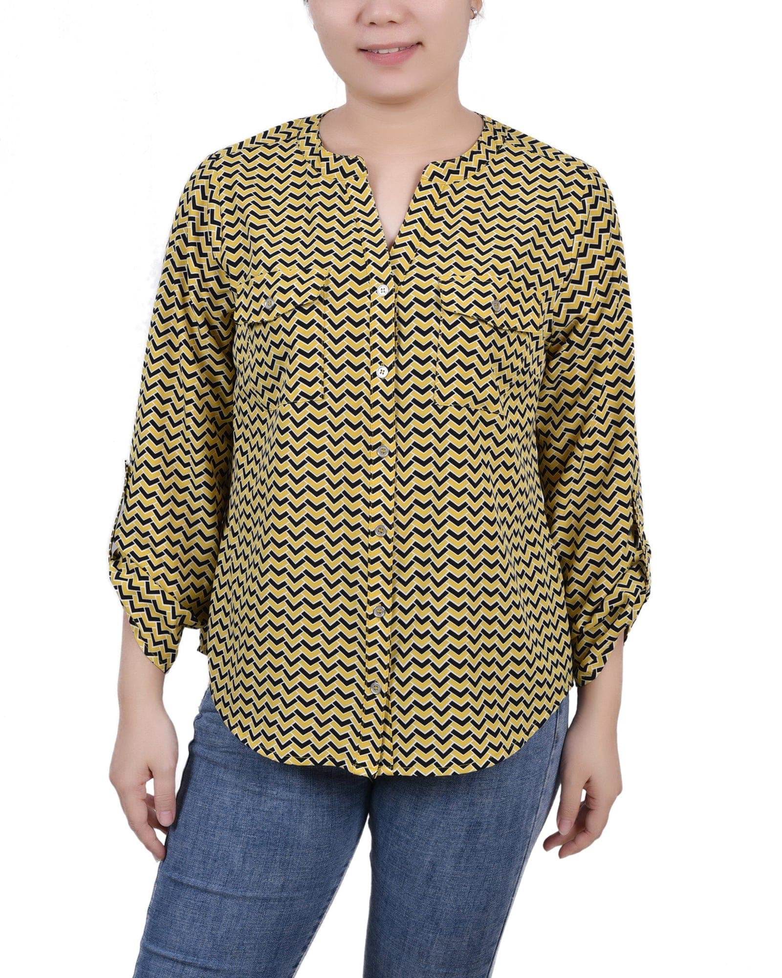 Petite 3/4 Sleeve Roll Tab Y Neck Blouse