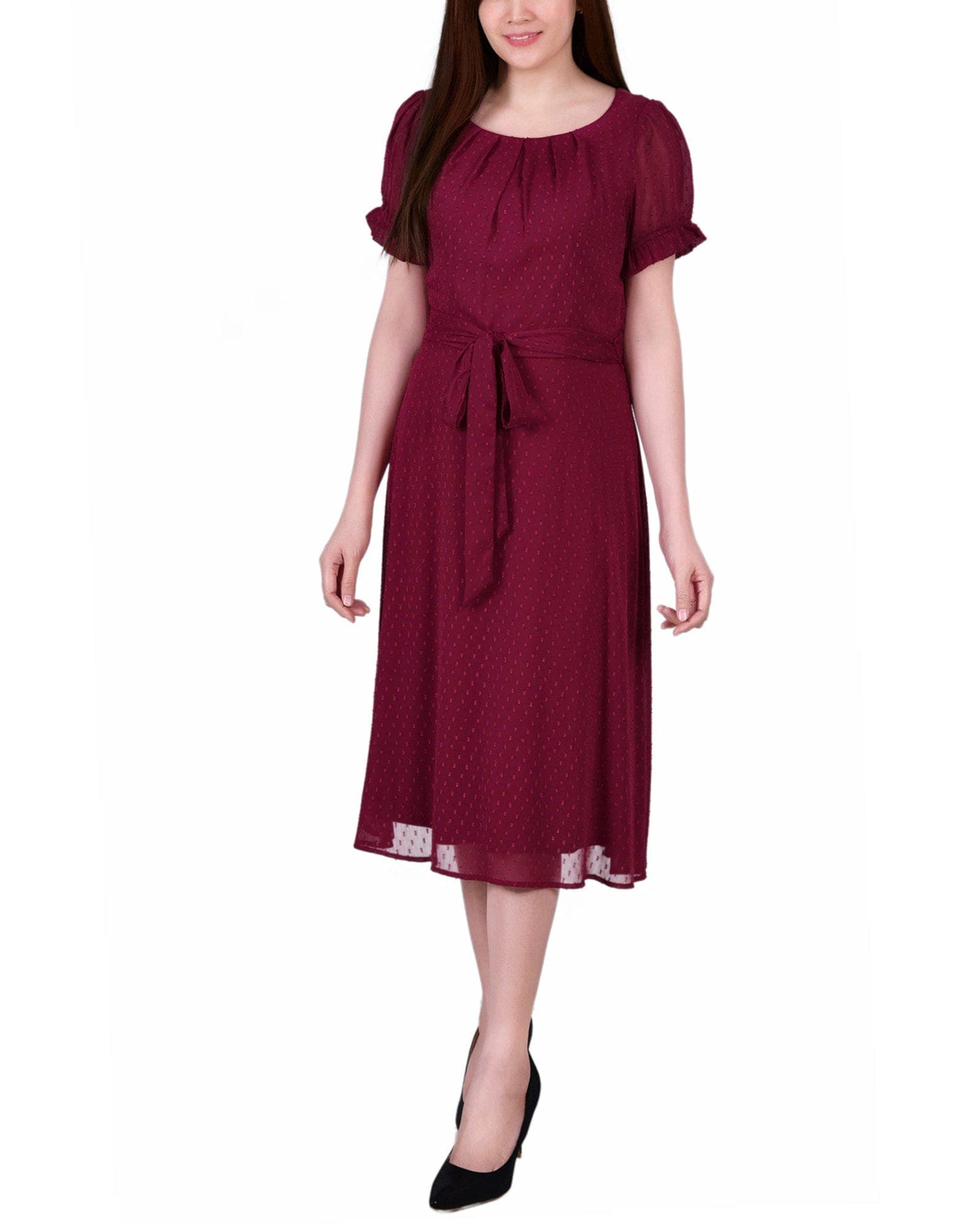Petite Short Sleeve Belted Swiss Dot Dress