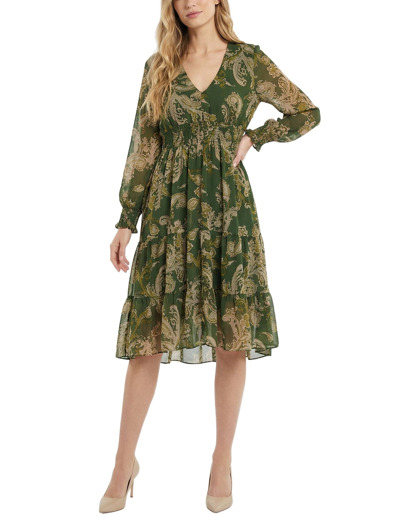 Petite Long Sleeve Clip Dot Chiffon Dress with Smocked Waist and Cuffs