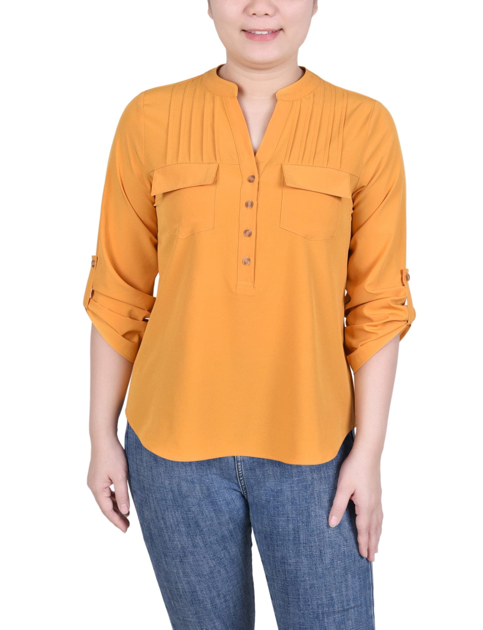 Long Tab-Sleeve Blouse with Pockets