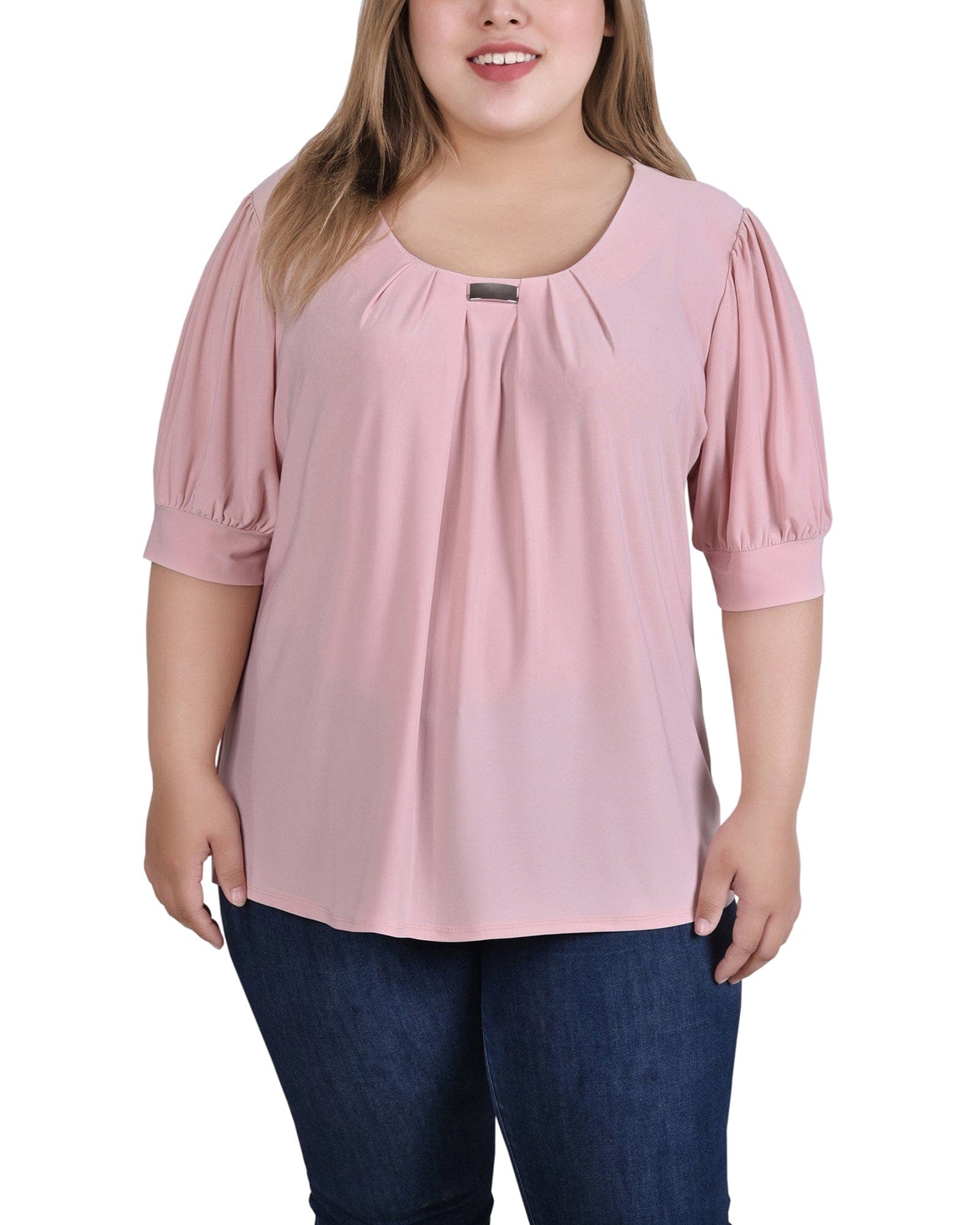 Plus Size Short Sleeve Balloon Sleeve Top with Hardware