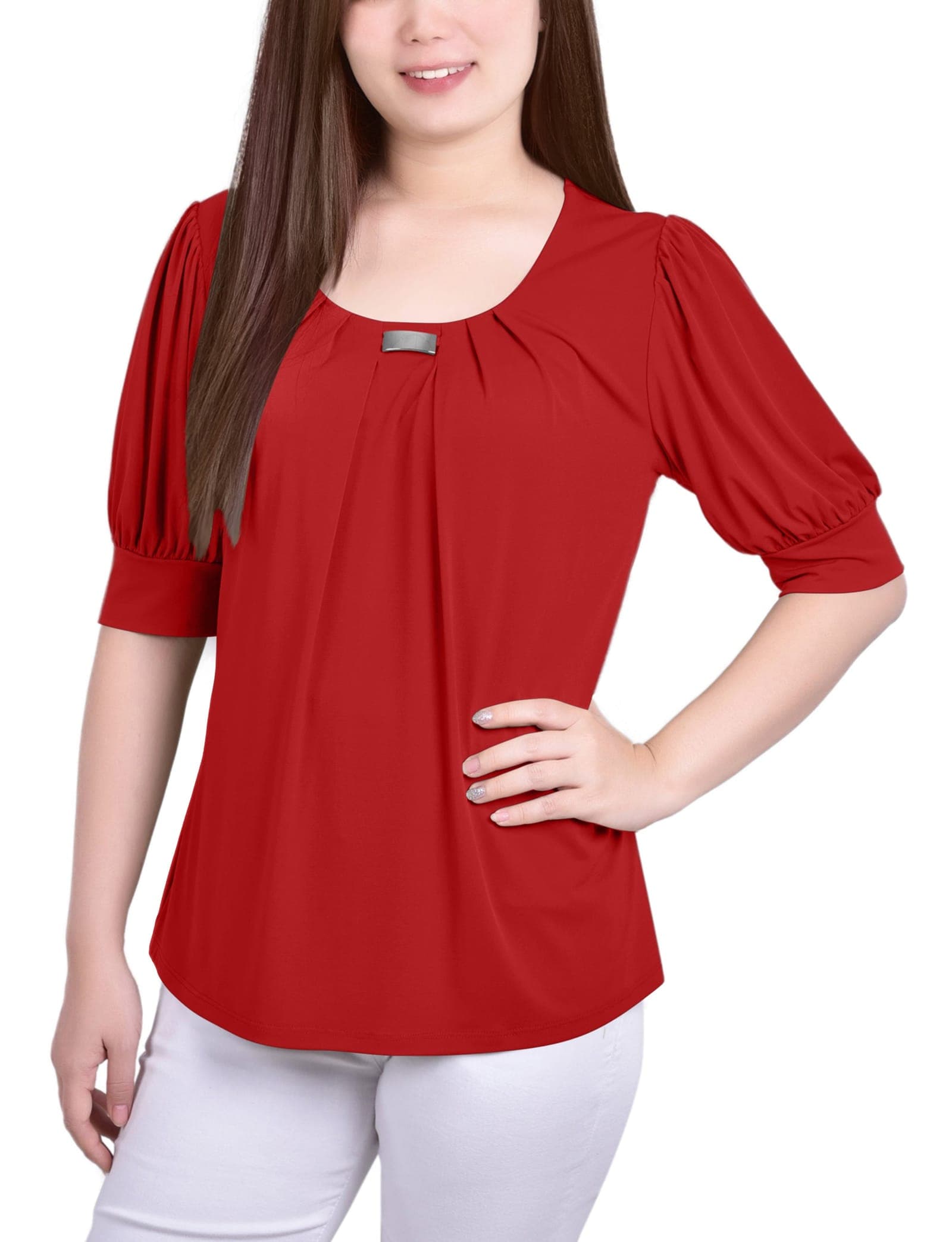 Short Sleeve Balloon Sleeve Top with Hardware