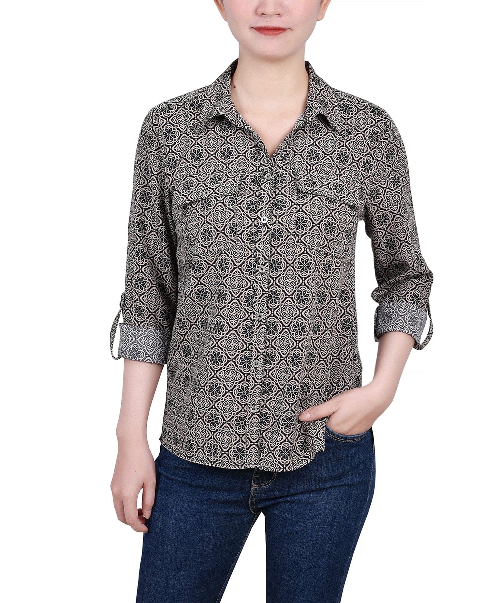 Petite 3/4 Roll Tab Blouse with Pockets