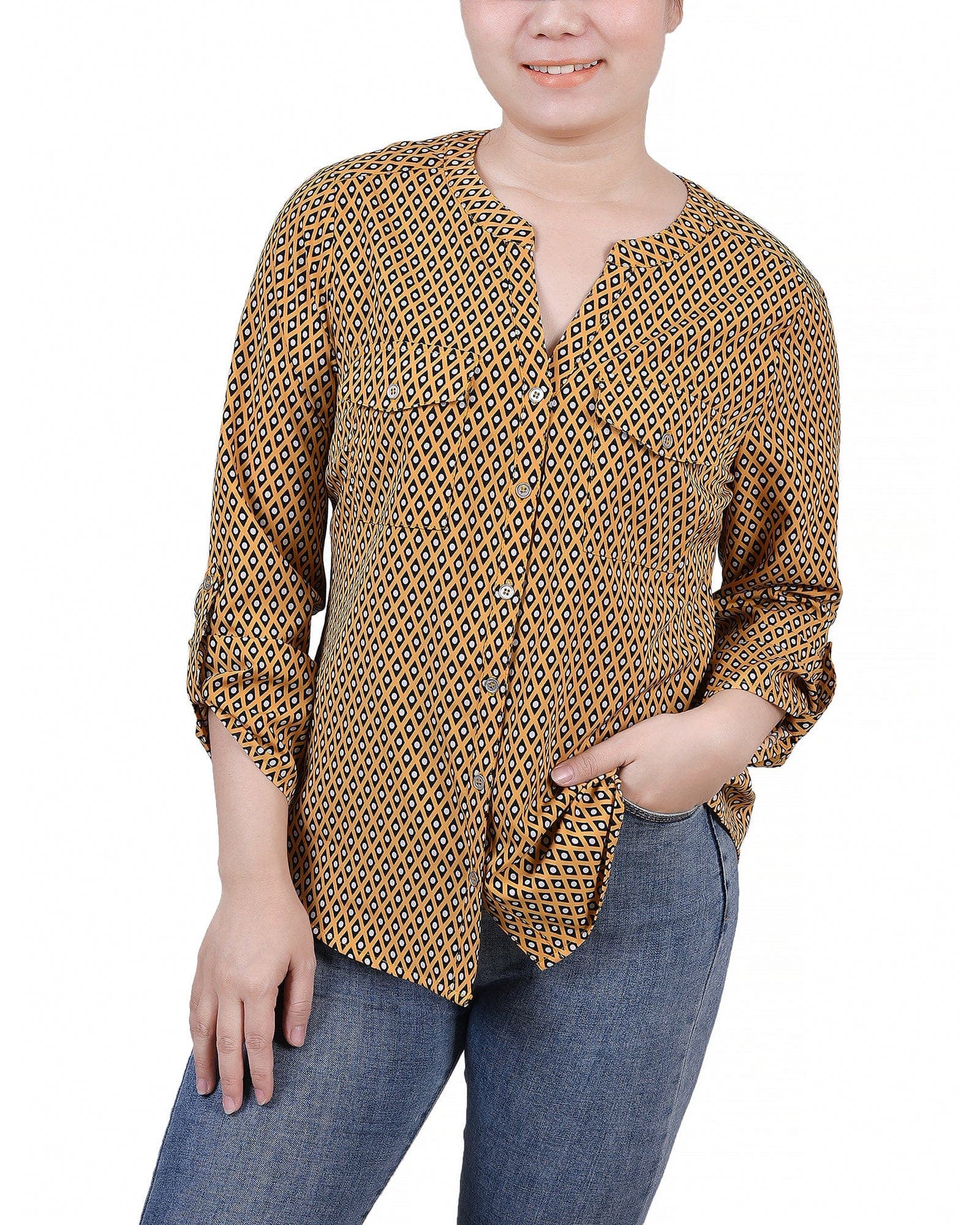 Petite 3/4 Sleeve Roll Tab Y Neck Blouse