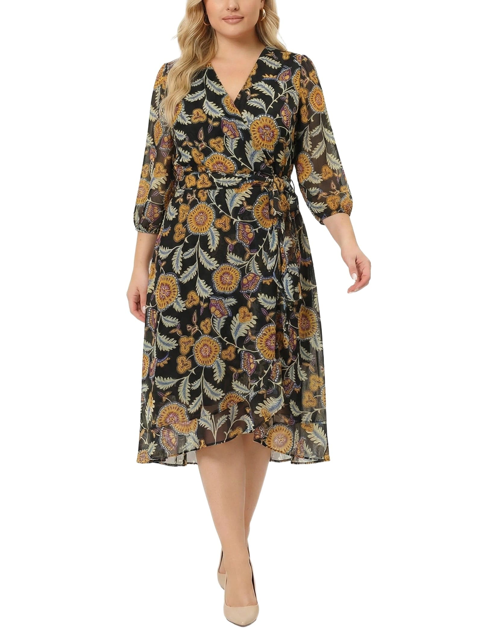 Plus Size 3/4 Sleeve V-Neck Belted Chiffon Dress