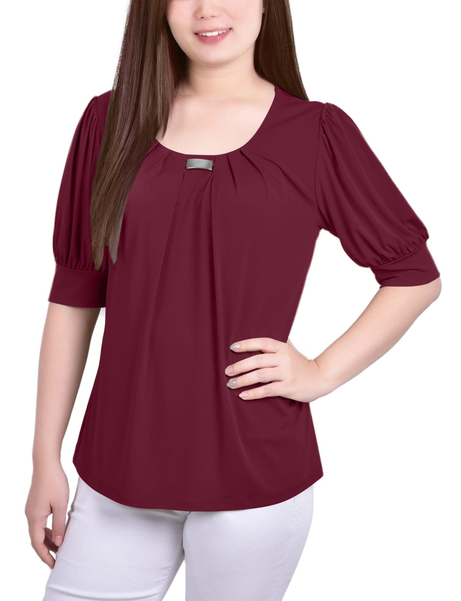 Short Sleeve Balloon Sleeve Top with Hardware