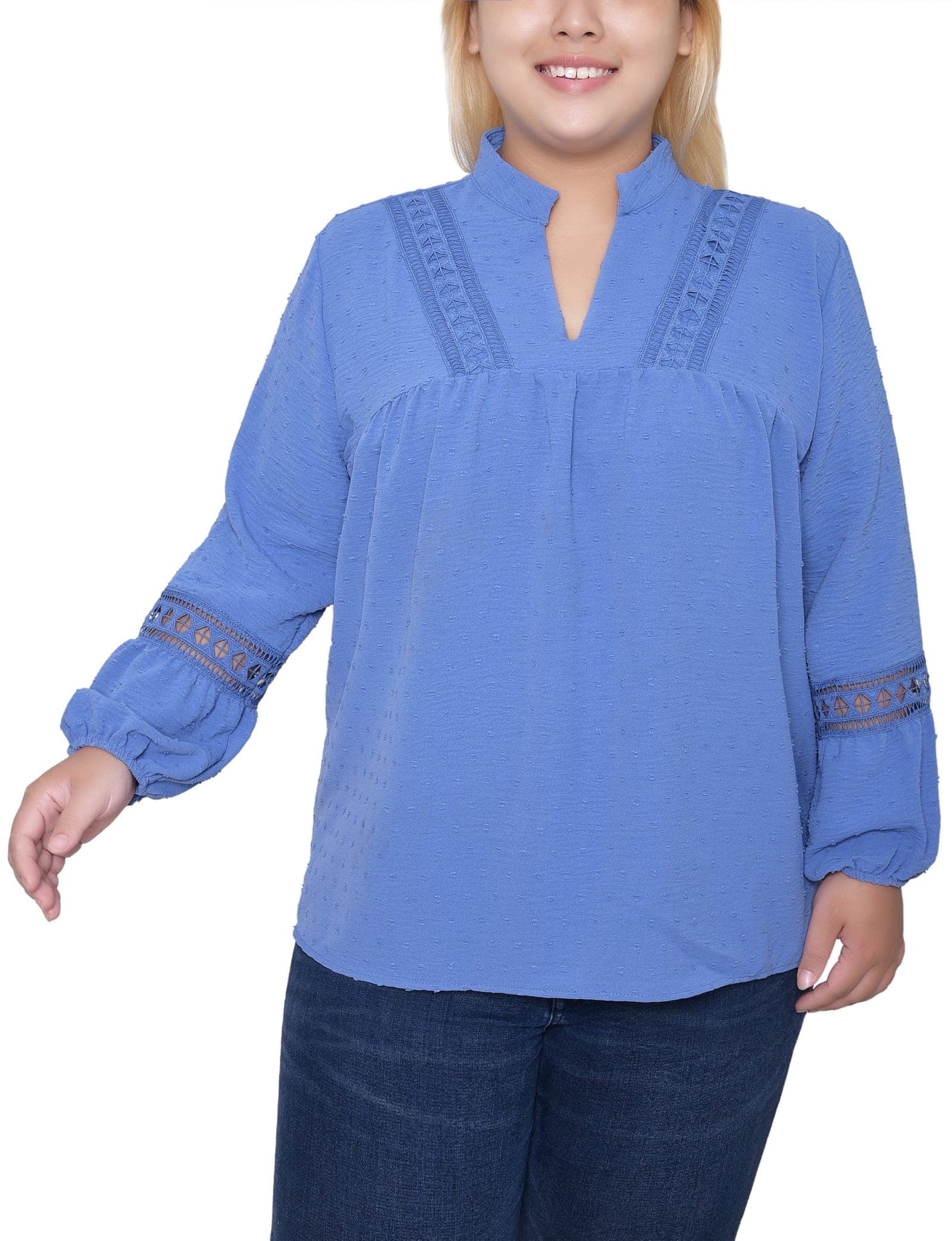 Plus Size Long Sleeve Blouse with Crochet Trim