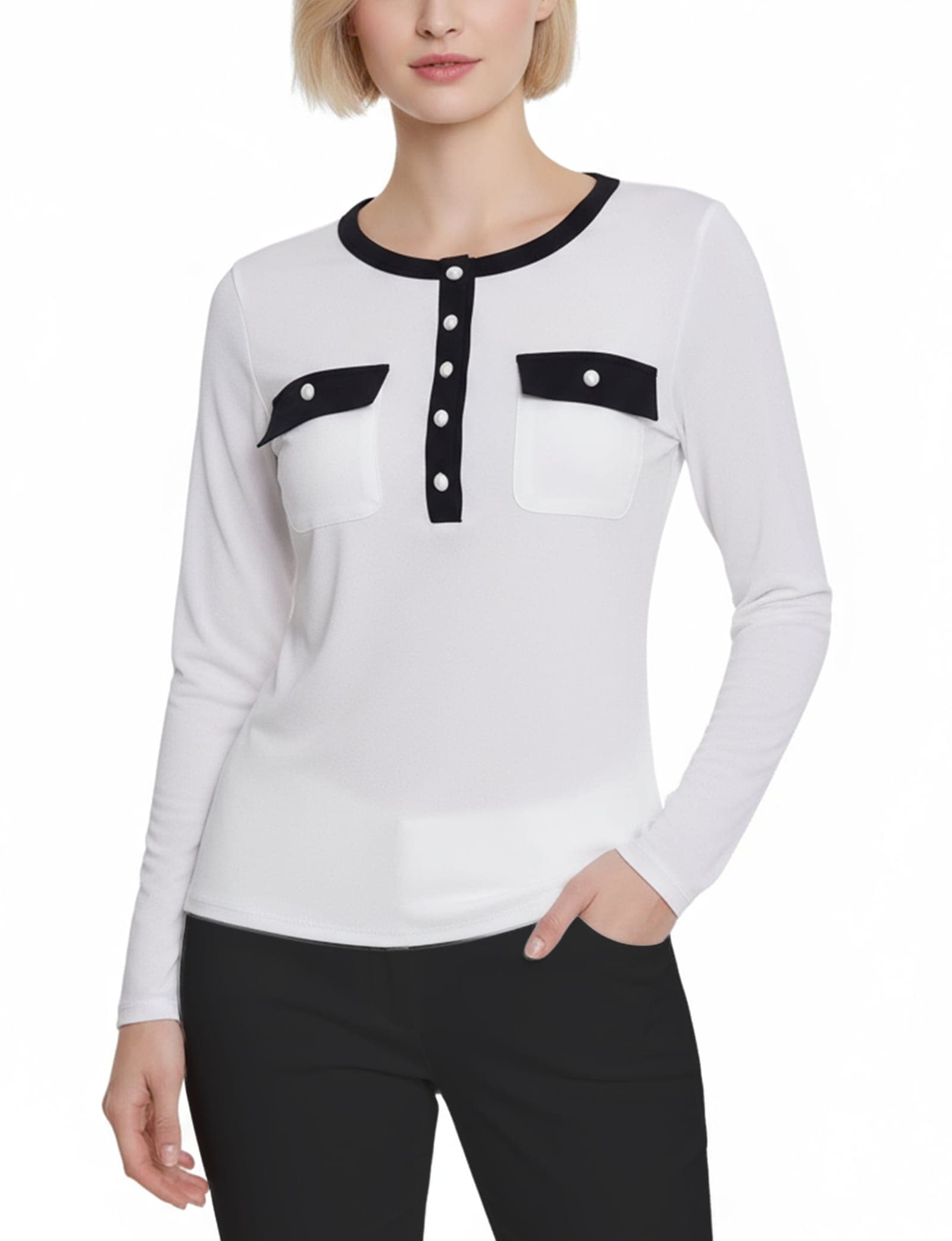 Petite Long Sleeve Contrast Detail Top