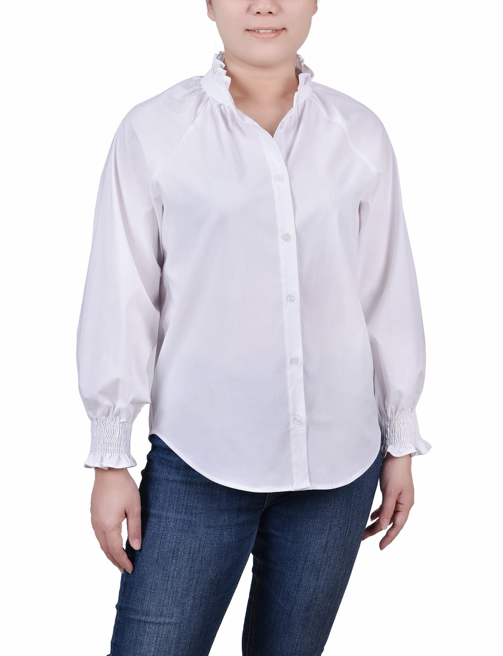 Petite Long Sleeve Button Front Blouse