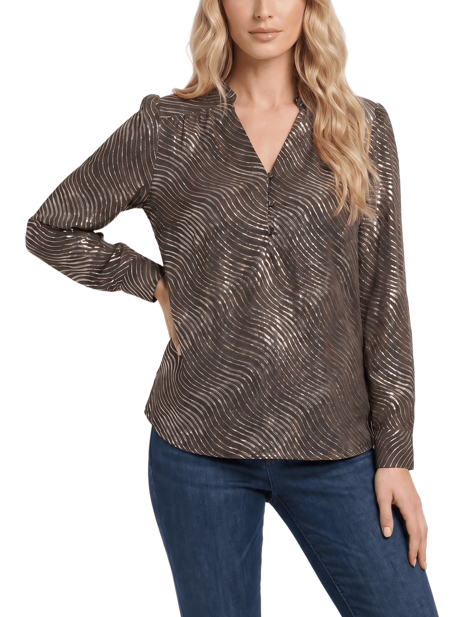 Long Sleeve V Neck Blouse with Metallic Print