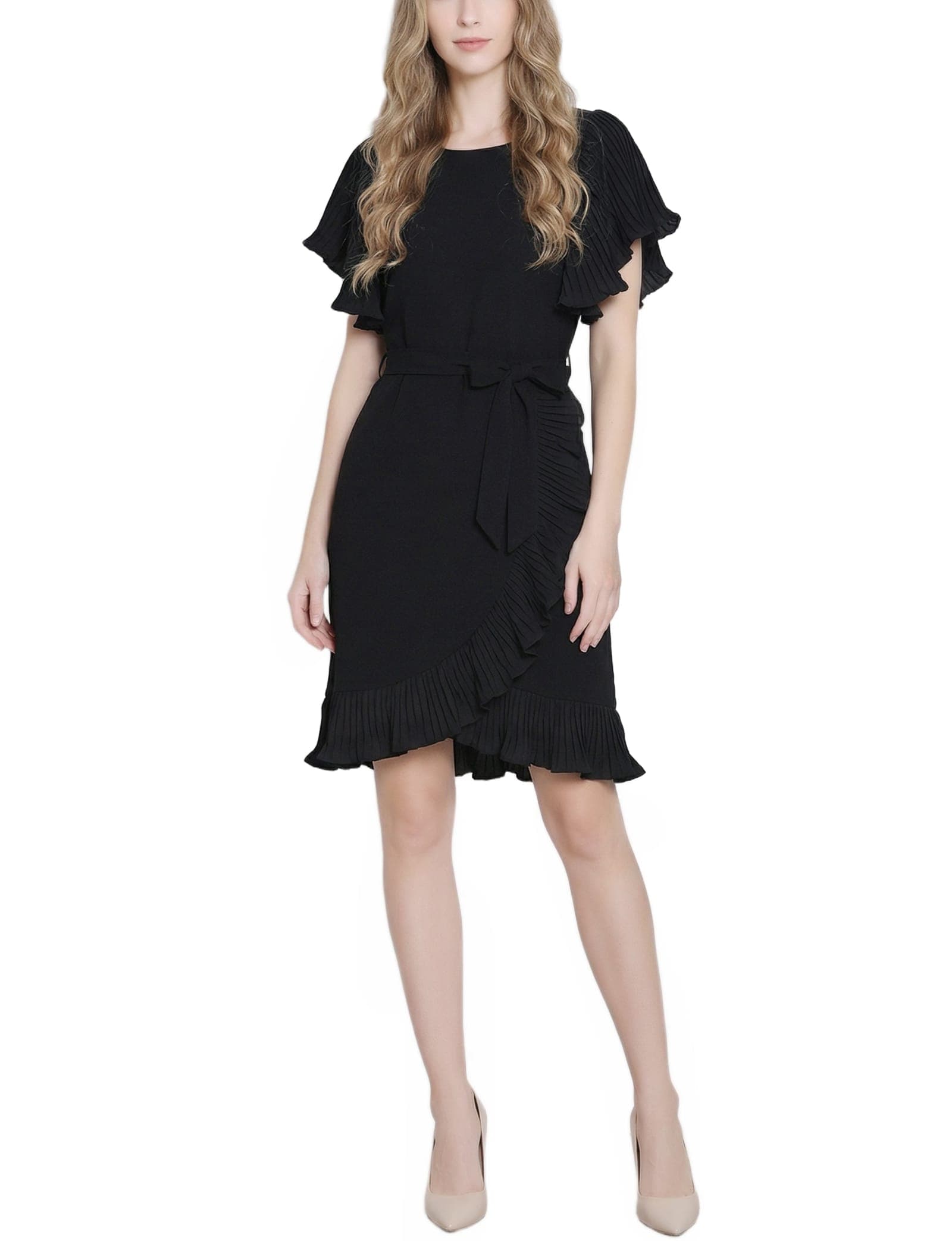 Petite Short Sleeve Pleated Ruffle Dress