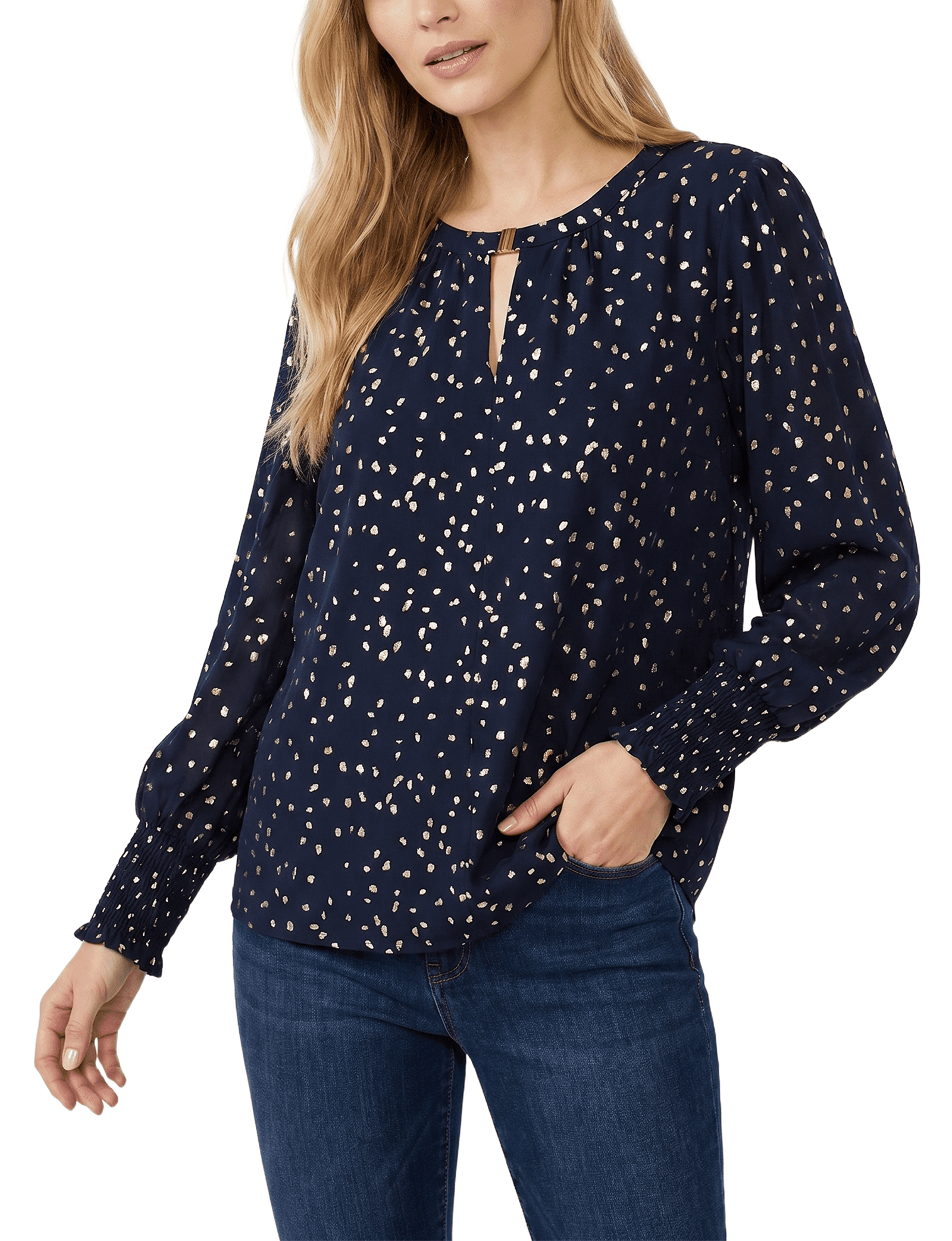 Long Sleeve Round Neck Blouse with Hardware
