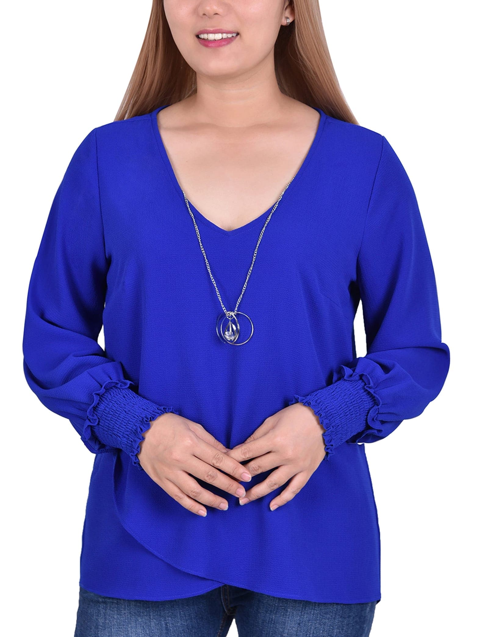 Petite Long Sleeve Overlapping Crepe Blouse with Necklace