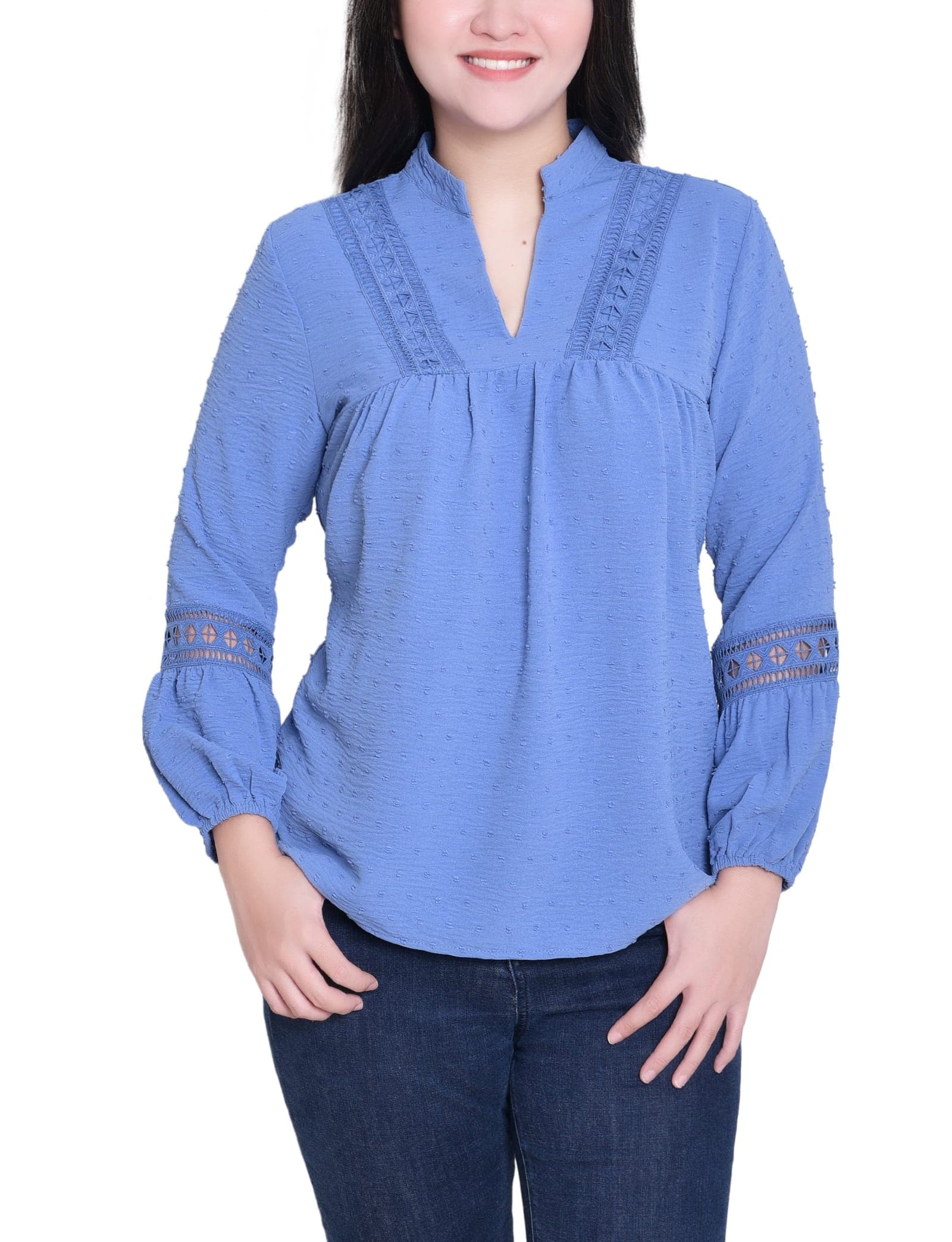 Petite Long Sleeve Blouse with Crochet Trim