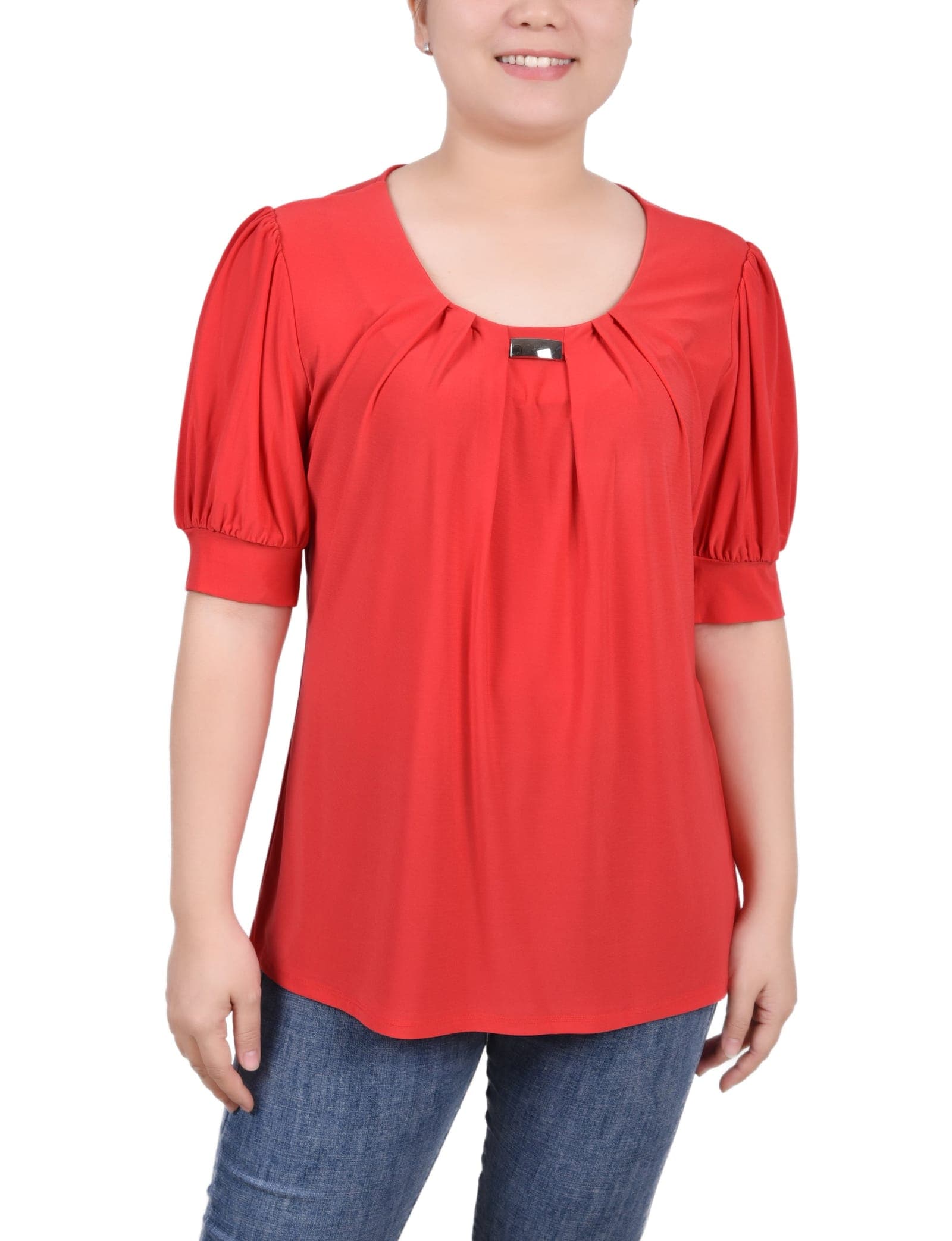 Short Sleeve Balloon Sleeve Top with Hardware