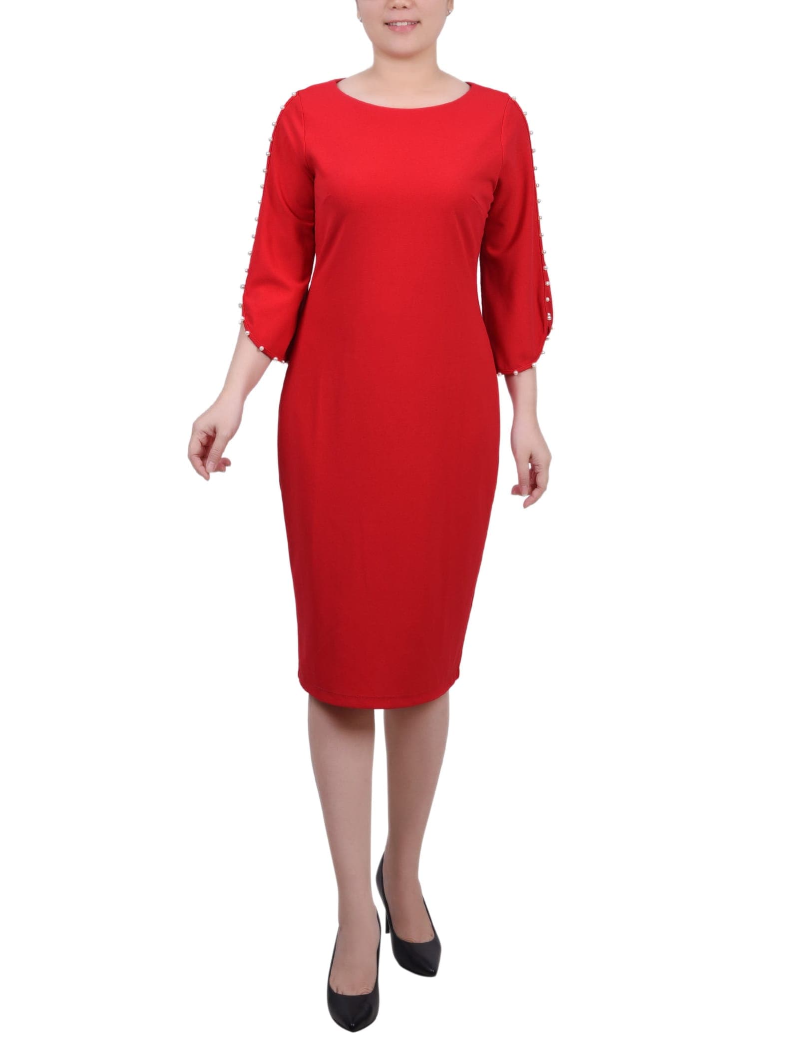 3/4 Pearl-Detail Petal Sleeve Dress