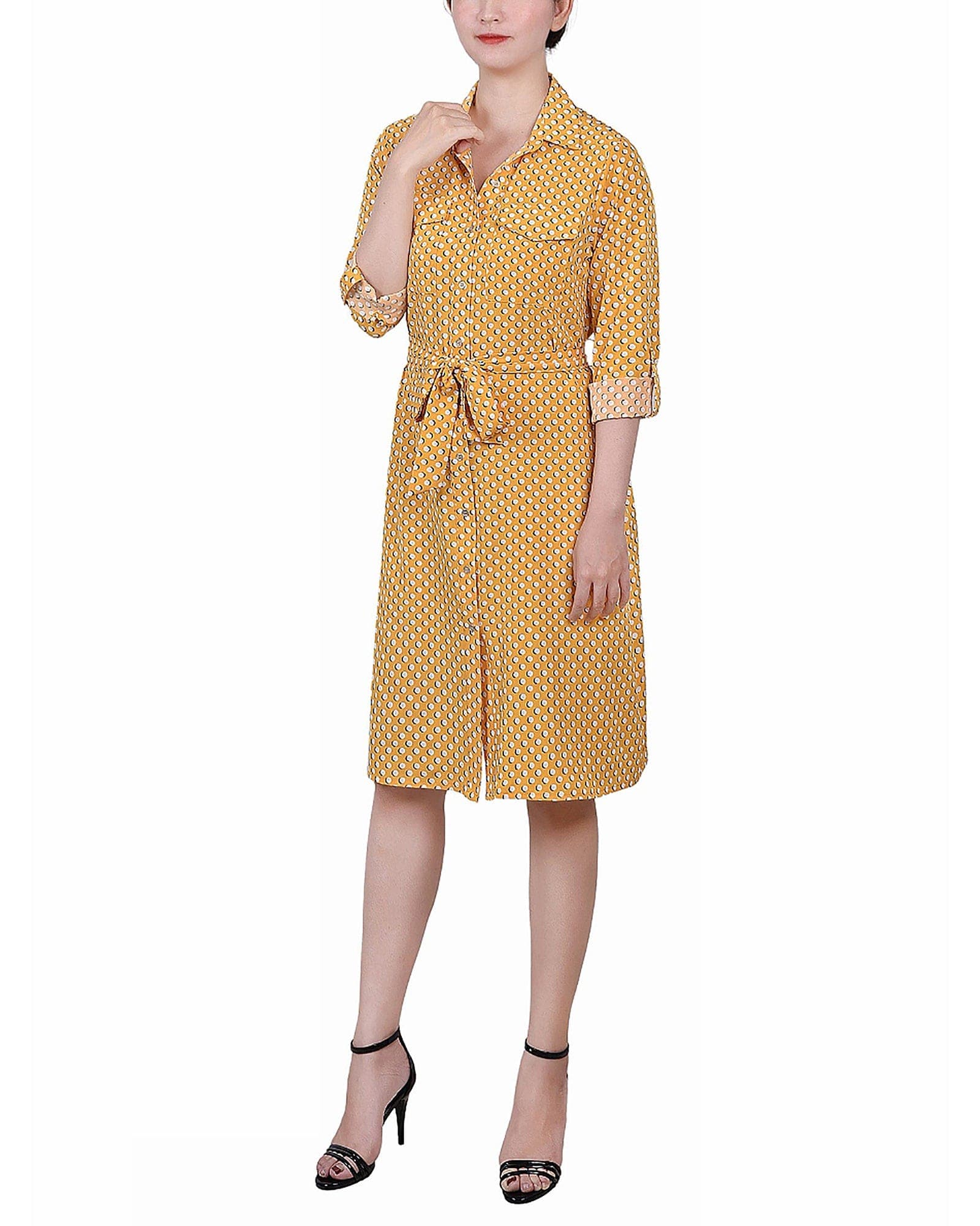 Petite 3/4 Roll Tab Sleeve Belted Shirtdress