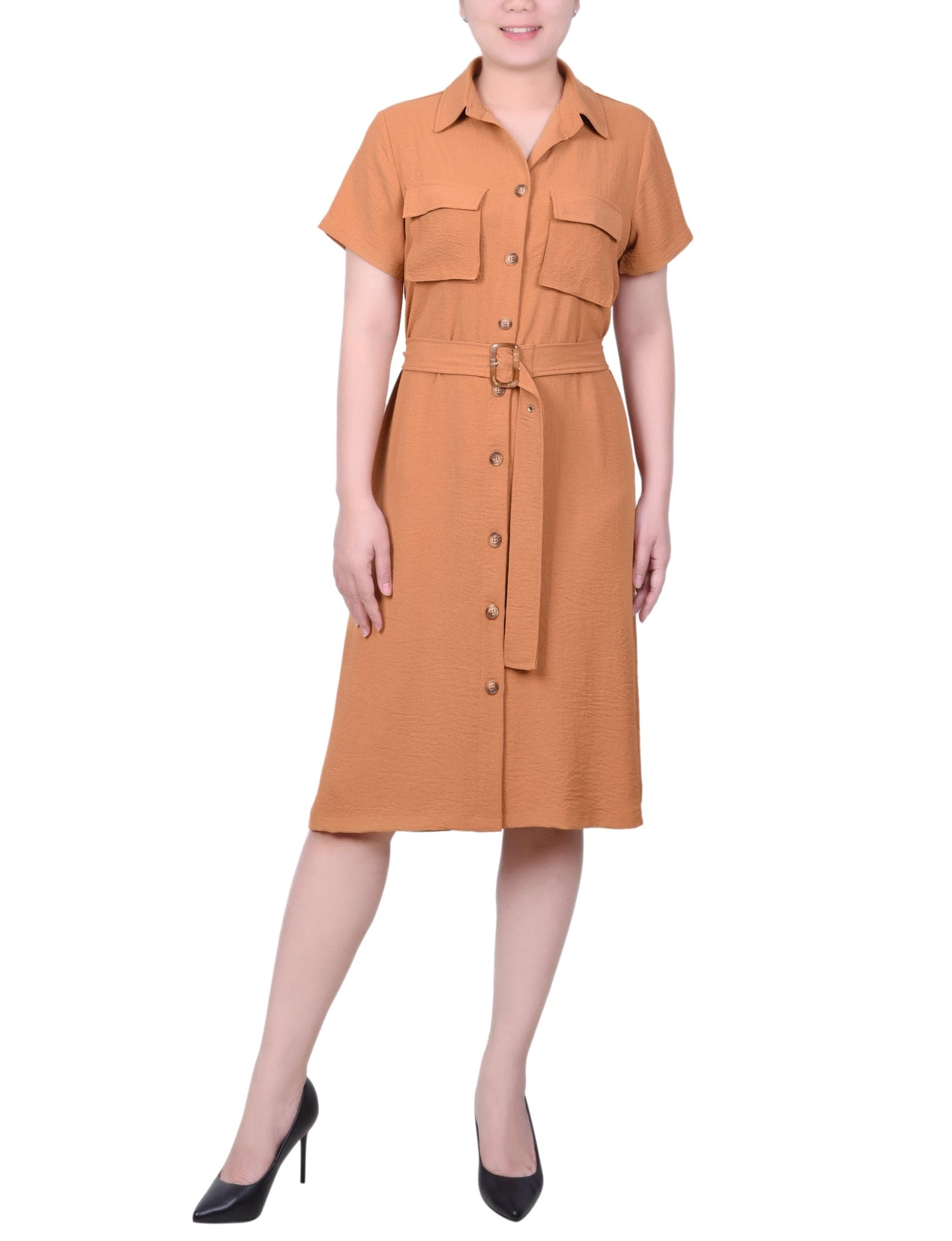 Petite Short Sleeve Belted Shirtdress