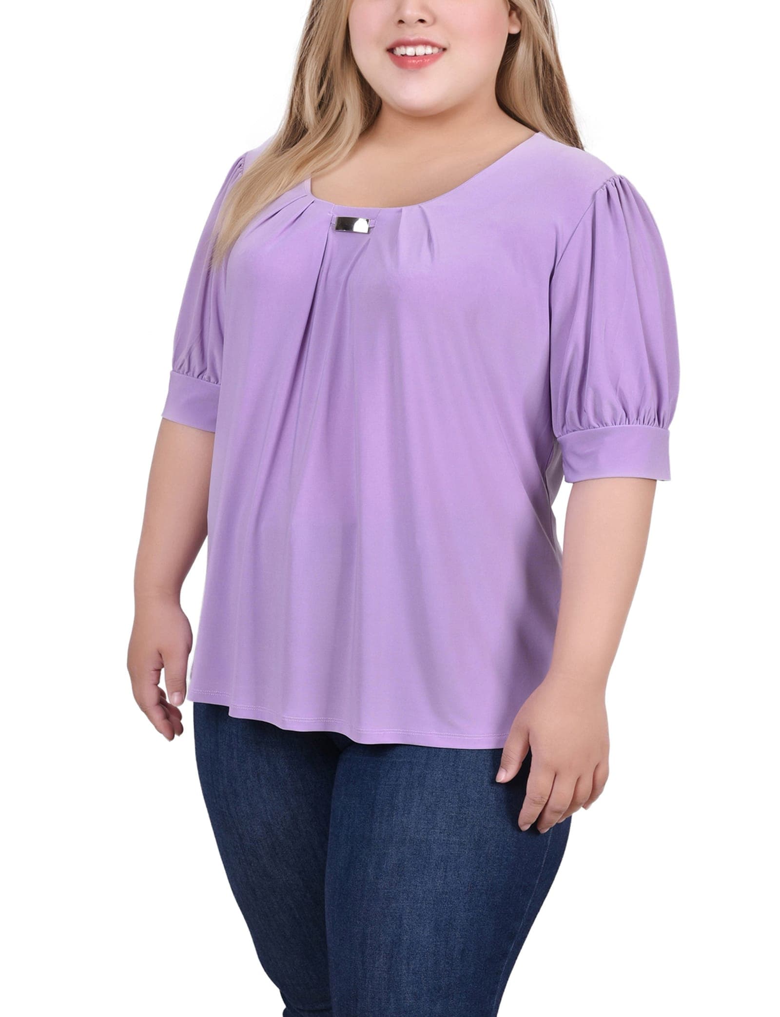 Plus Size Short Sleeve Balloon Sleeve Top with Hardware