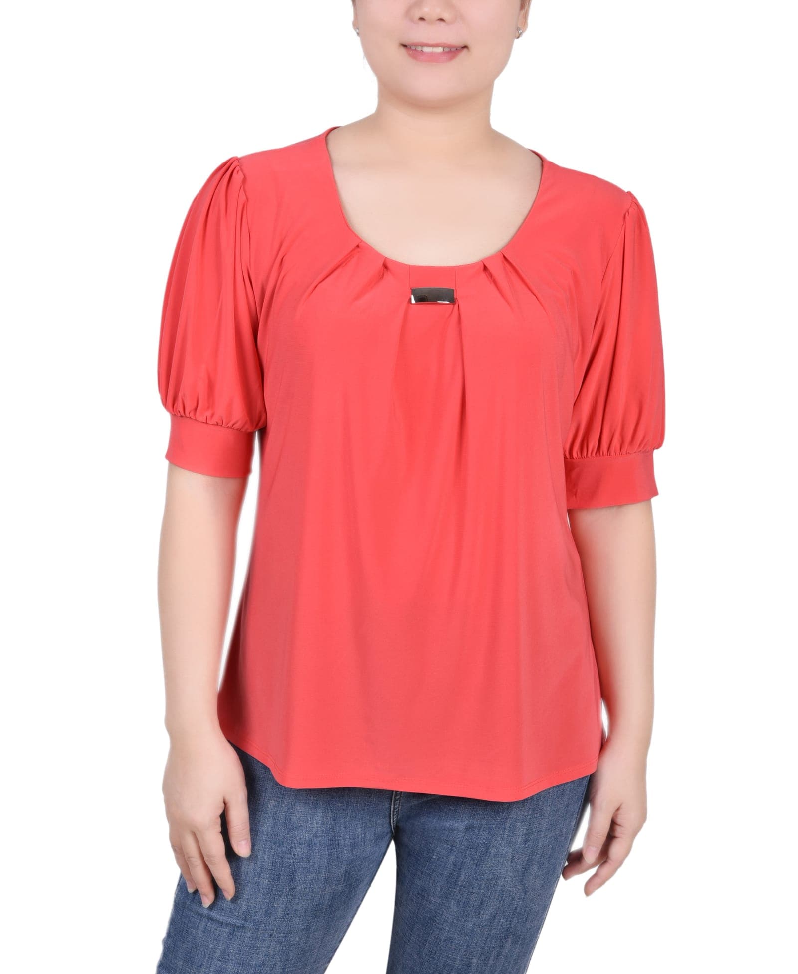 Short Sleeve Balloon Sleeve Top with Hardware