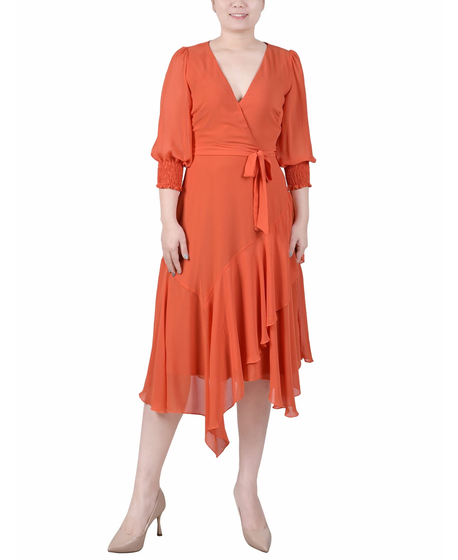 3/4 Sleeve Belted Chiffon Handkerchief Hem Dress