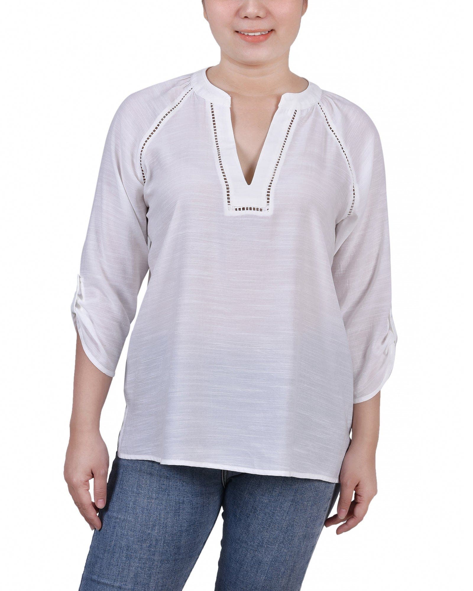 Raglan Sleeve Split-Neck Blouse