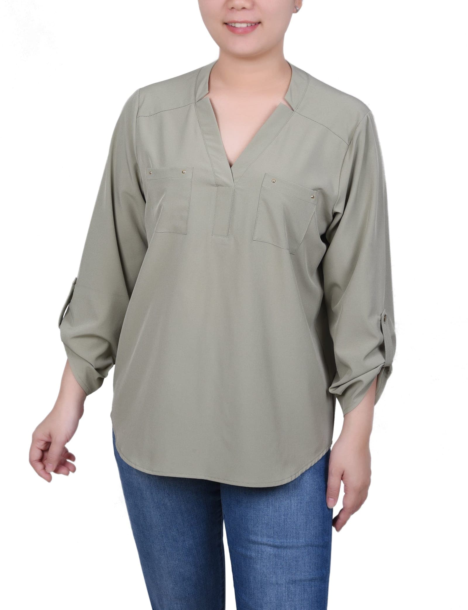 Petite Roll Tab Sleeve Blouse with Pockets