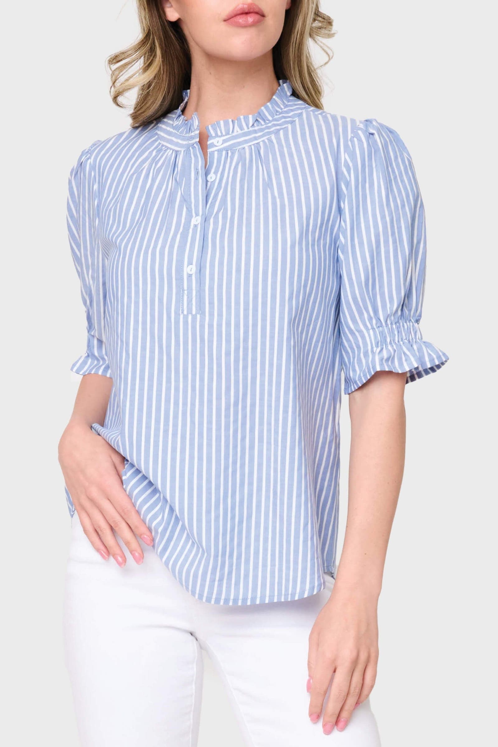 Dianthus Henley Puff Sleeve Stripe Blouse