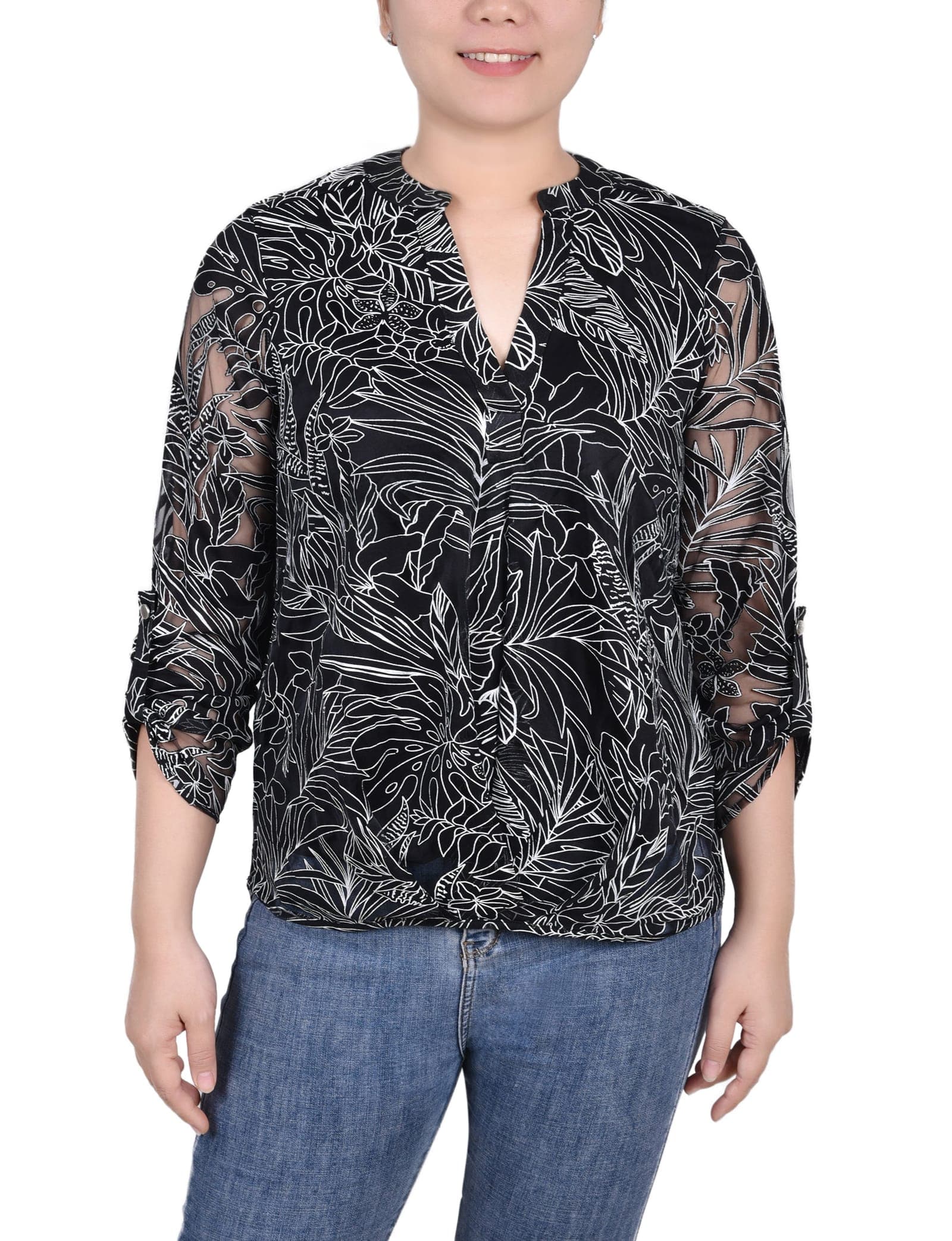 Long Sleeve Burnout Y Neck Blouse