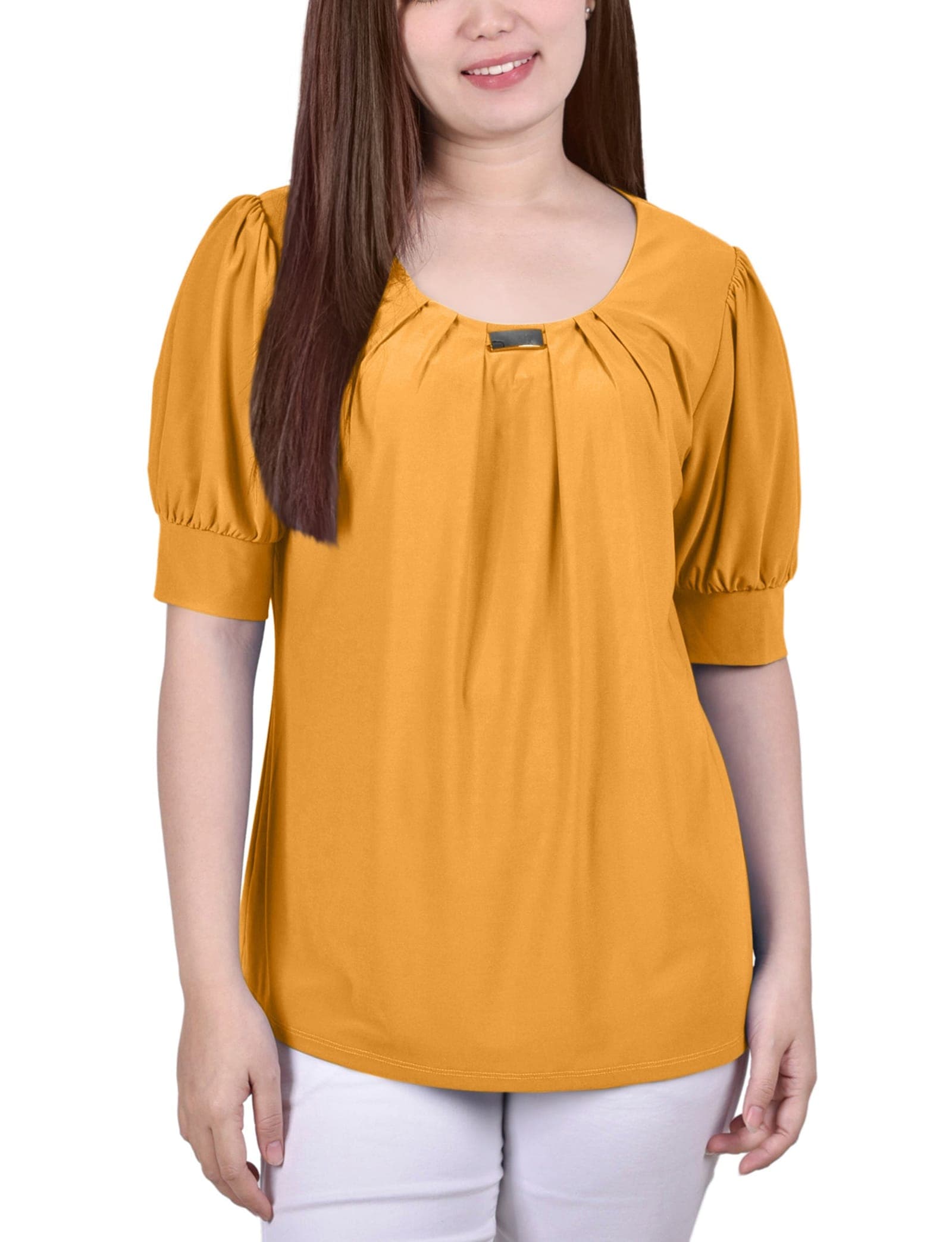 Short Sleeve Balloon Sleeve Top with Hardware