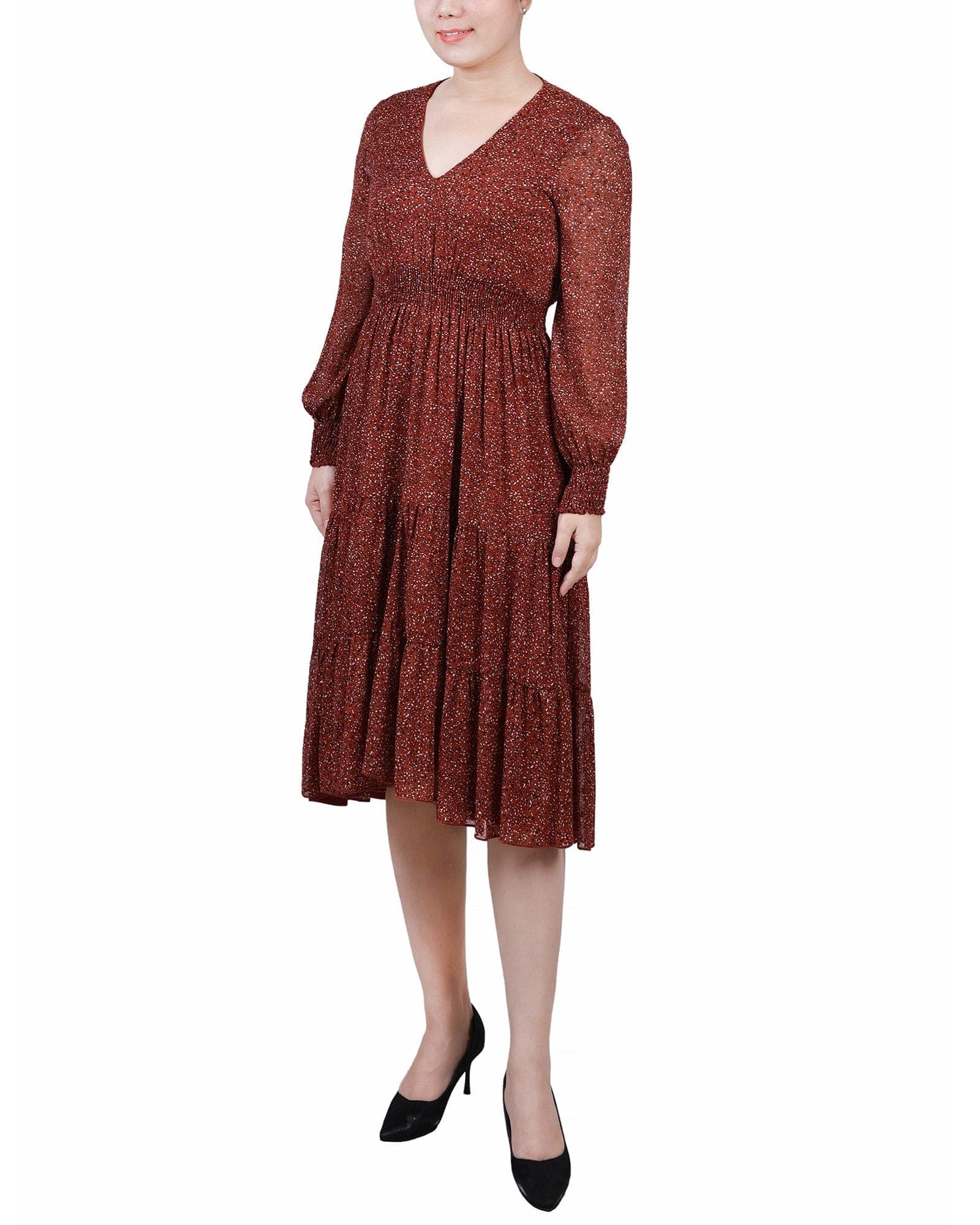 Long Sleeve Clip Dot Chiffon Dress with Smocked Waist and Cuffs