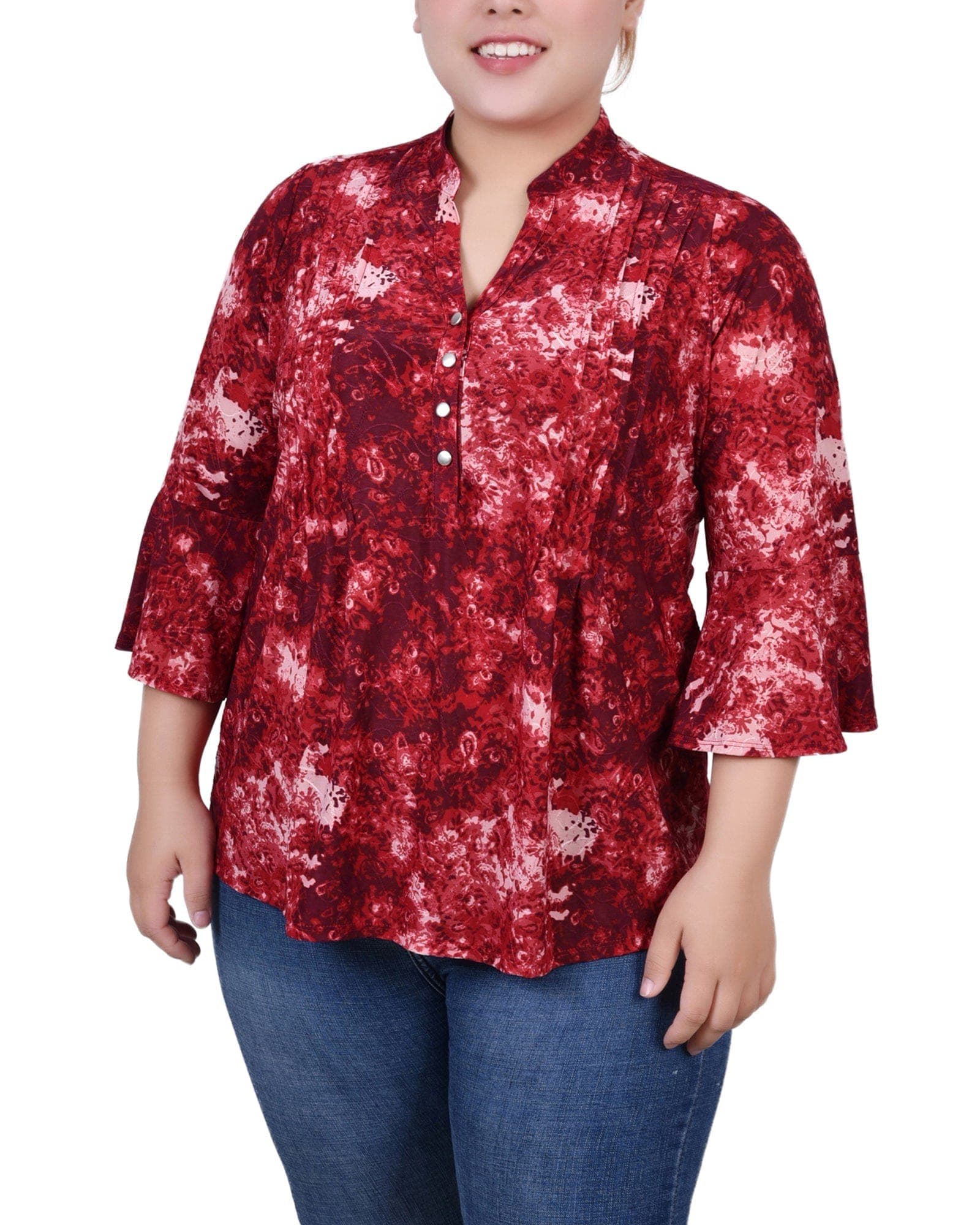 Plus Size 3/4 Bell Sleeve Pleat Front Y Neck Top