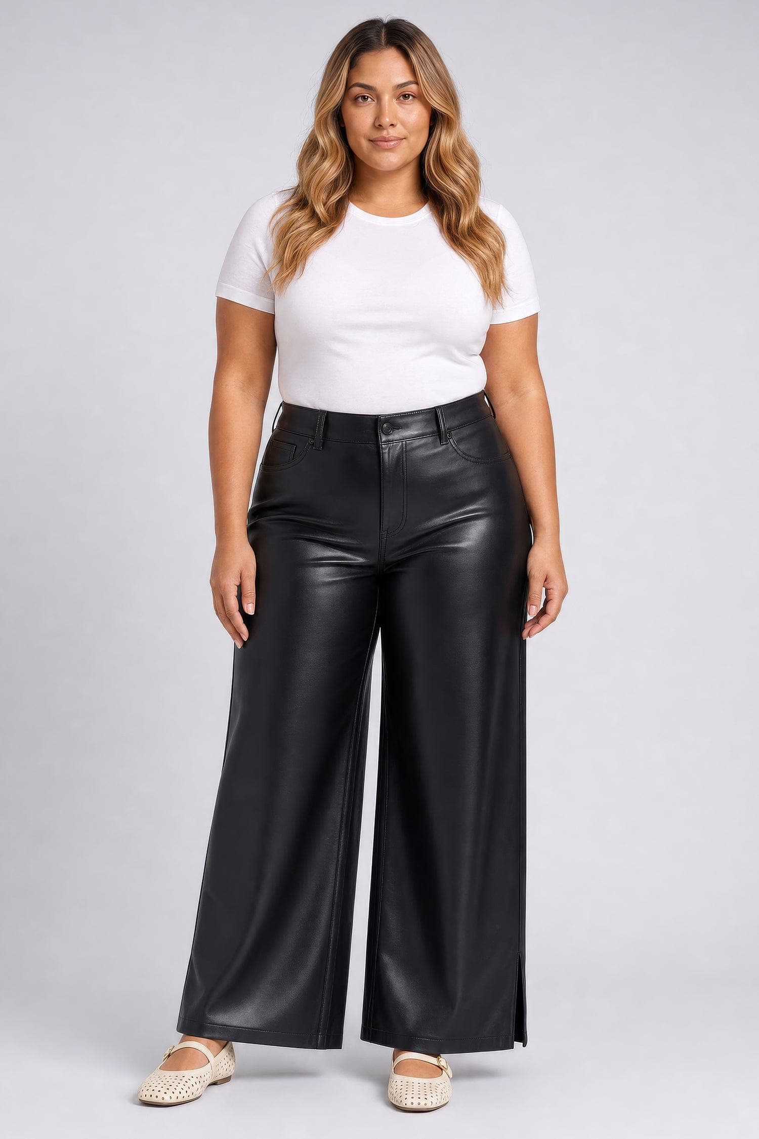 Vegan Stretch Leather Teresa Wide Leg Pants in Plus Size