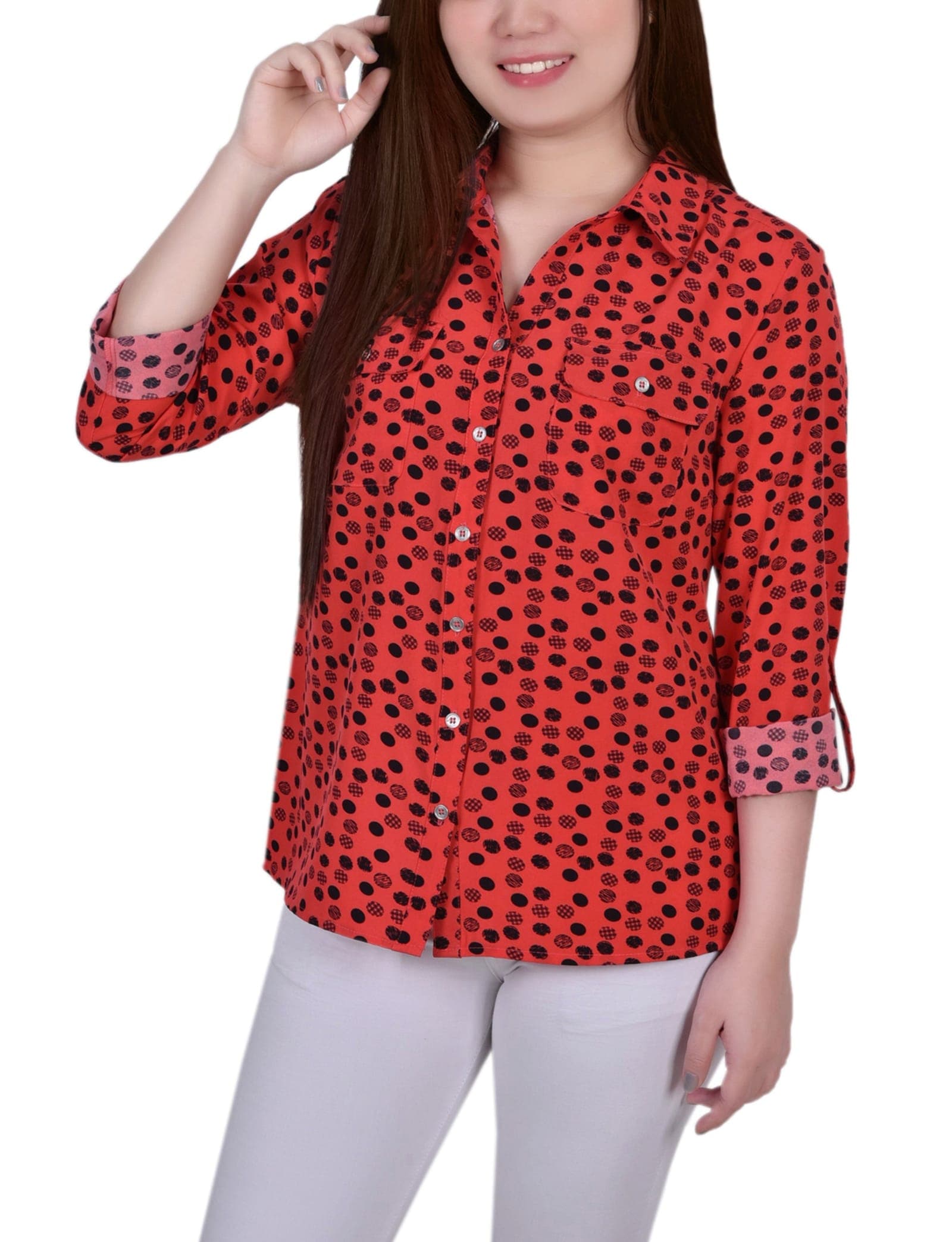 Petite 3/4 Roll Tab Blouse with Pockets