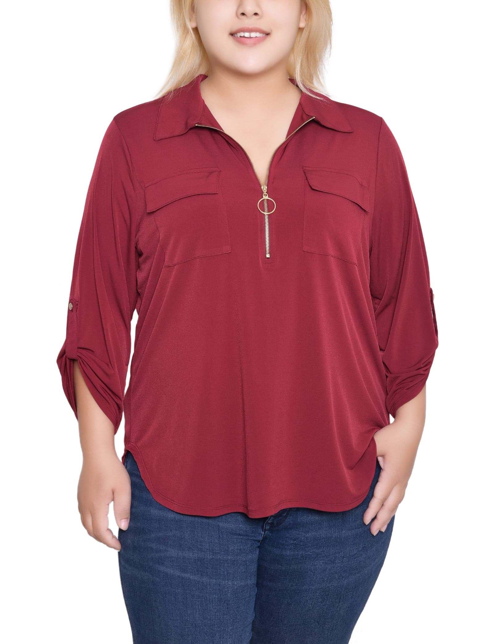 Plus Size 3/4 Roll Tab Zip Front Top