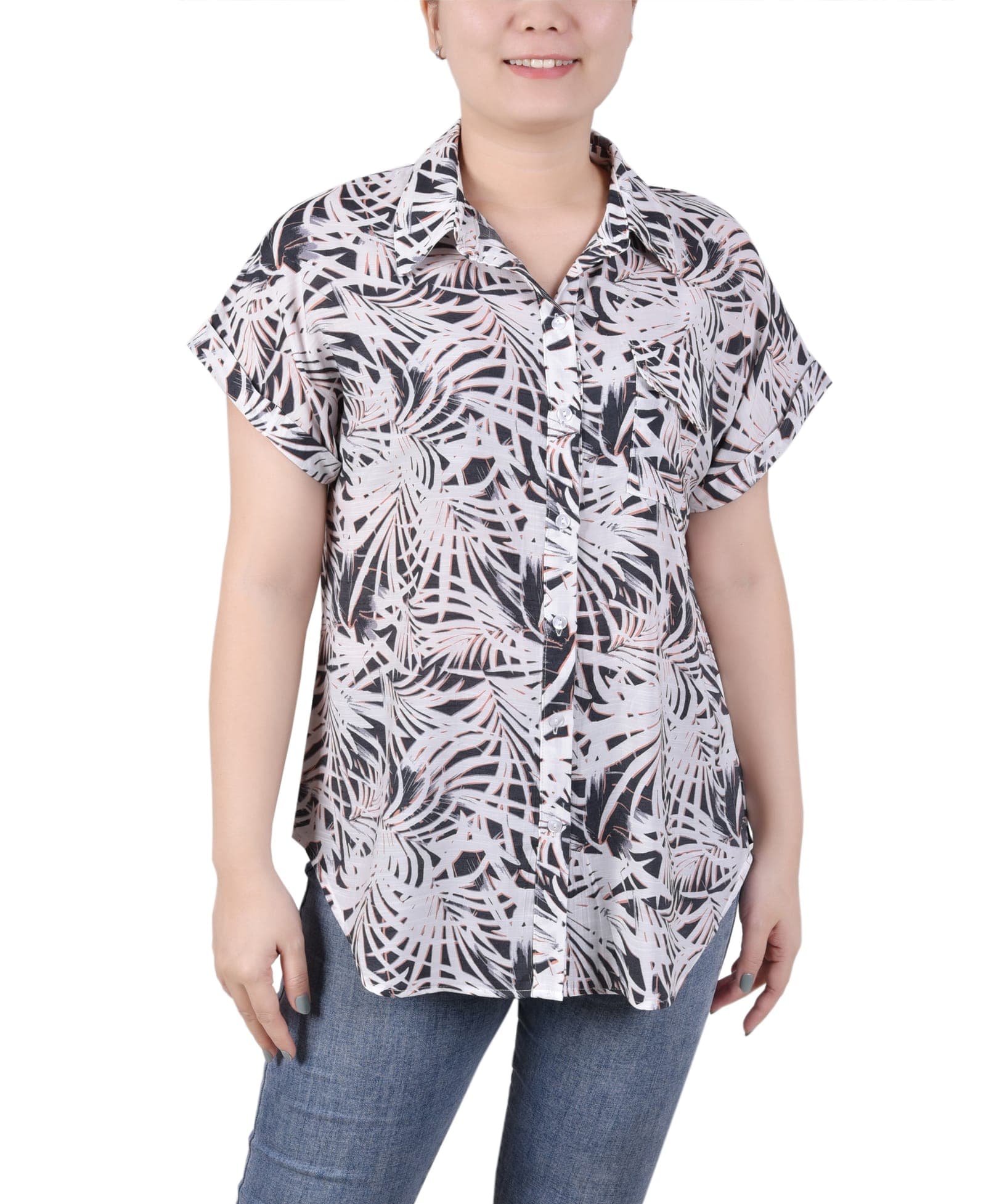 Short Rolled Sleeve Button Front Blouse