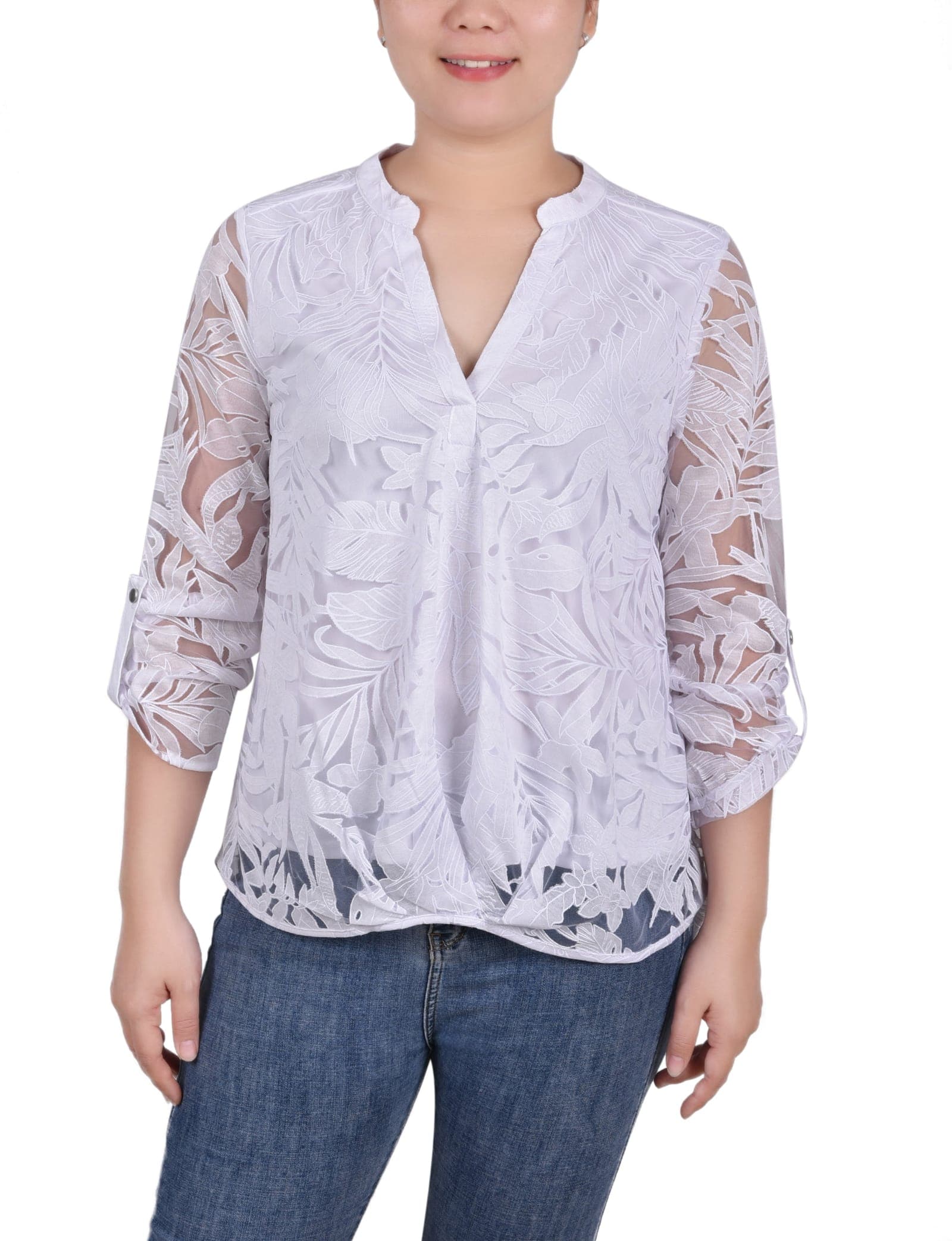 Long Sleeve Burnout Y Neck Blouse