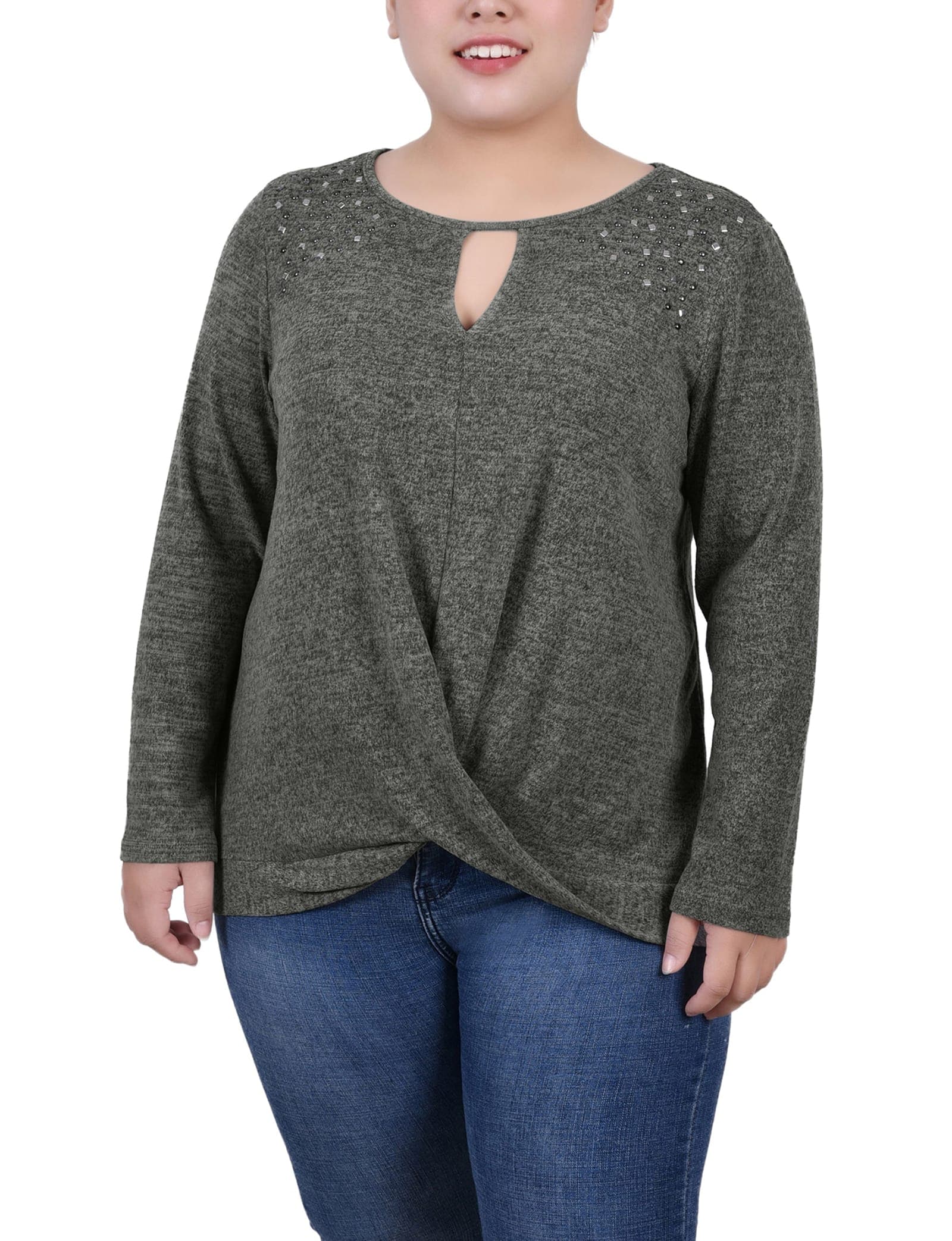 Plus Size Long Sleeve Knit Keyhole Top with Studs