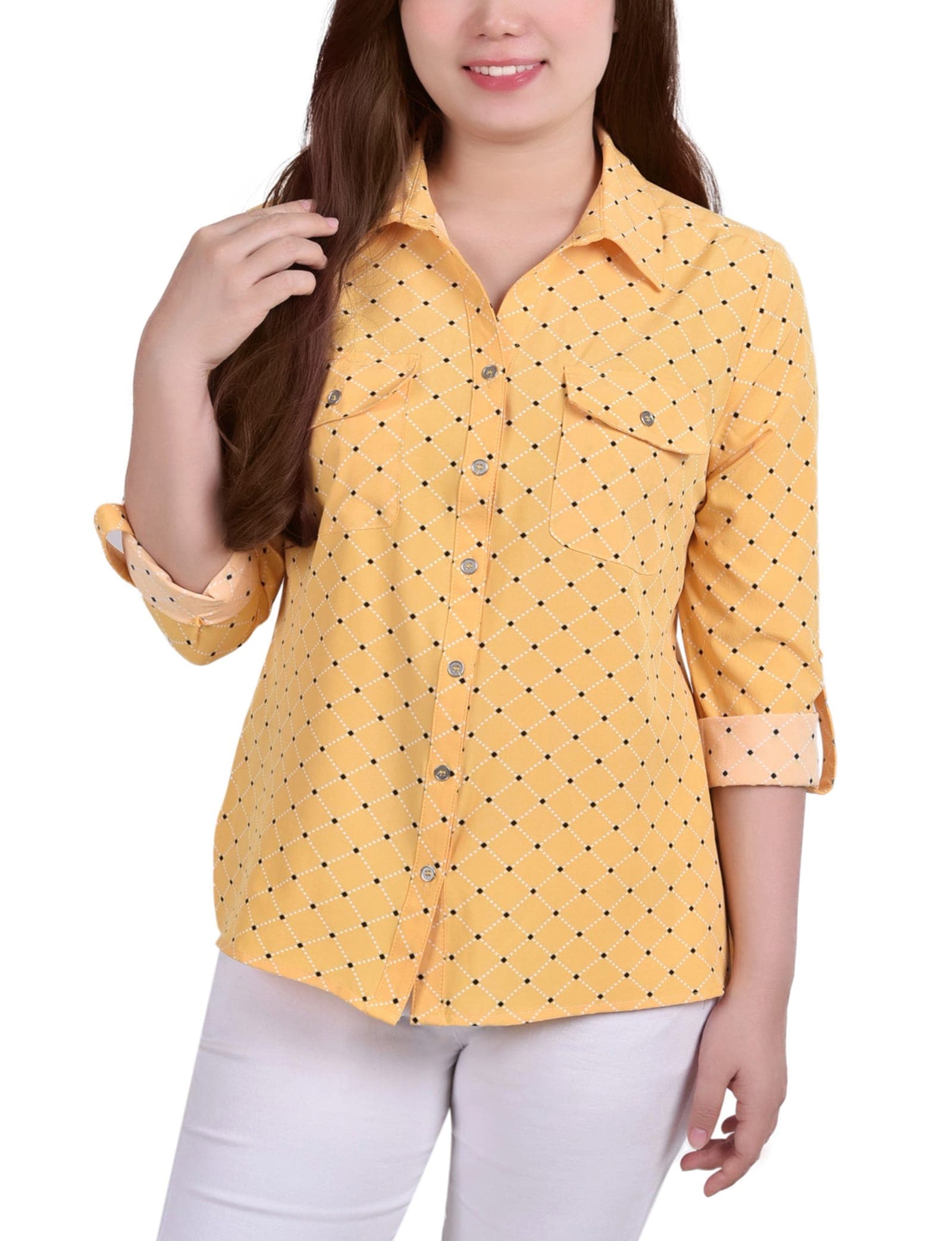 Petite 3/4 Roll Tab Blouse with Pockets