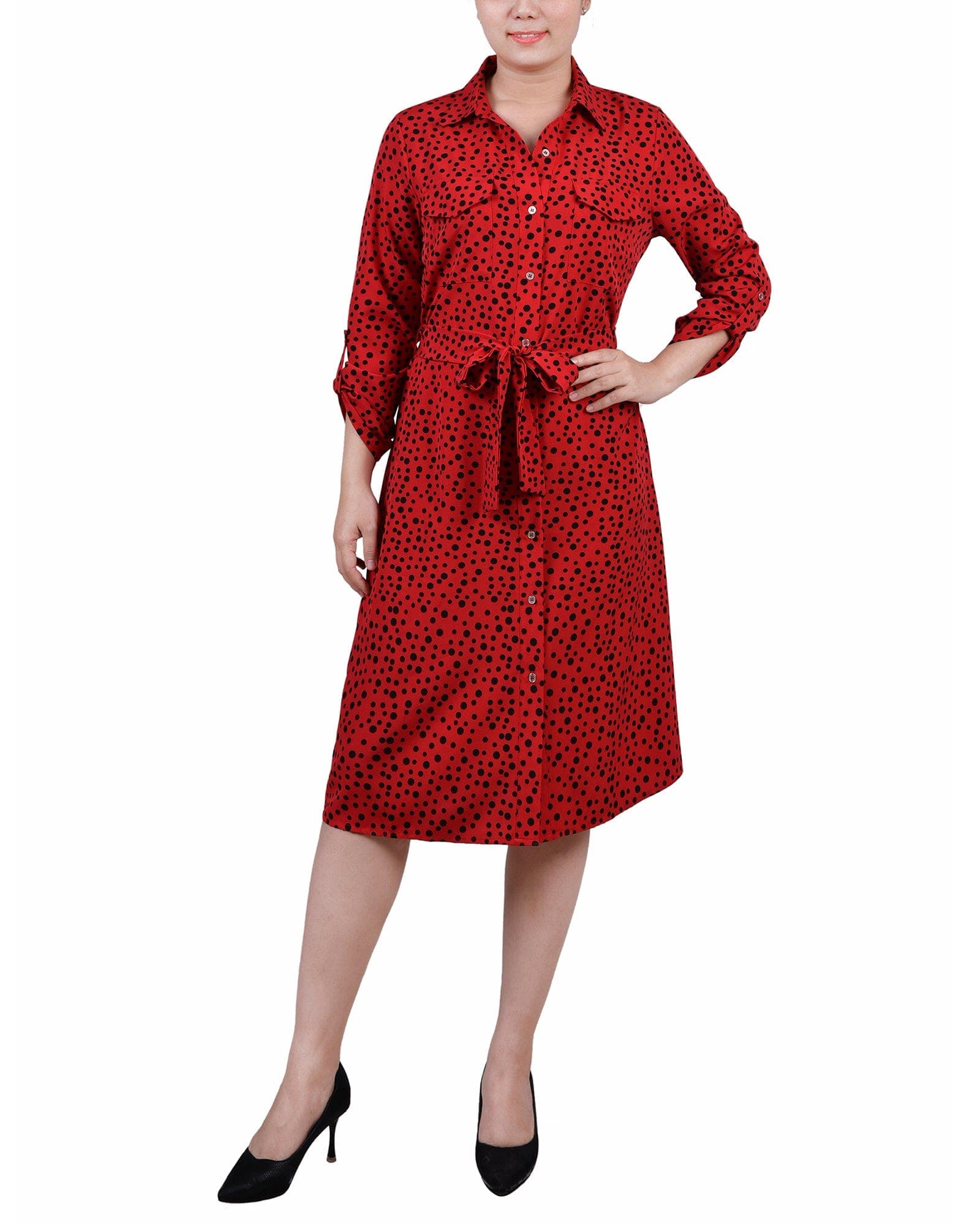 Petite 3/4 Roll Tab Sleeve Belted Shirtdress